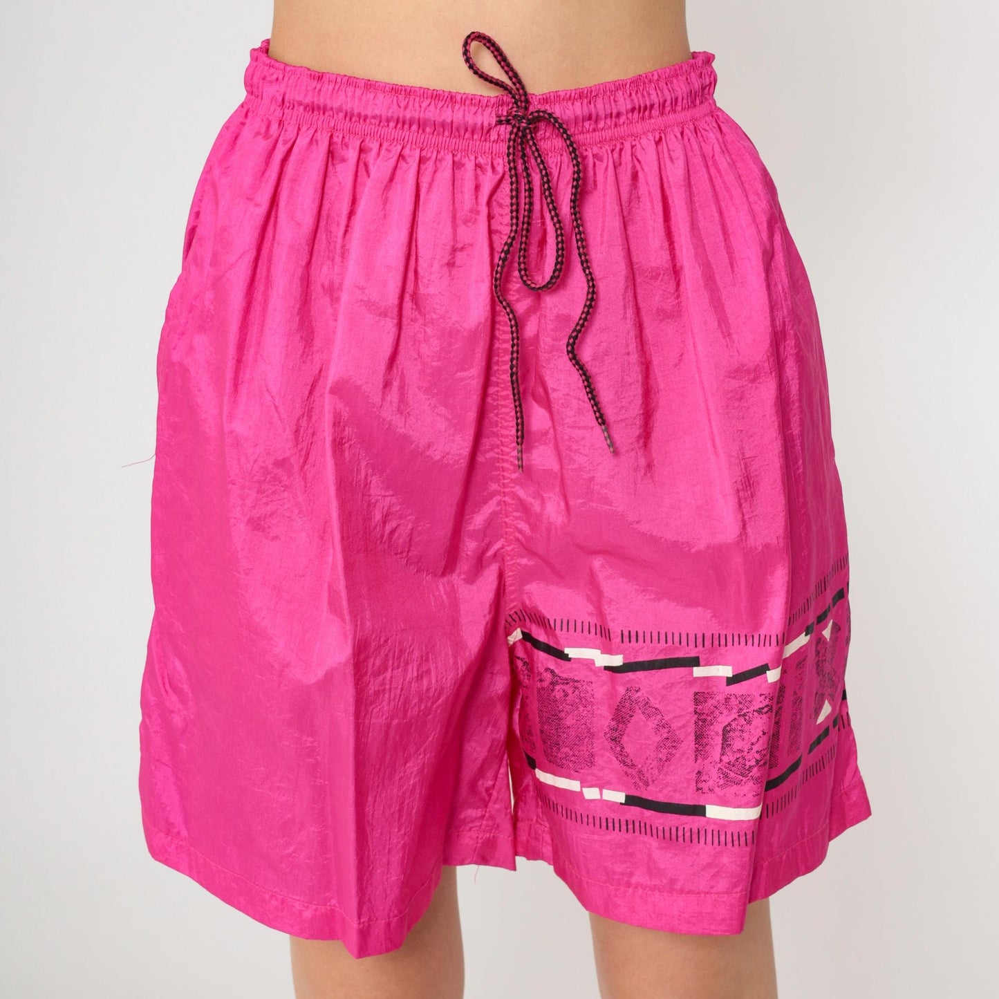 90s Hot Pink Nylon Athletic Shorts Drawstring Unlined Medium M
