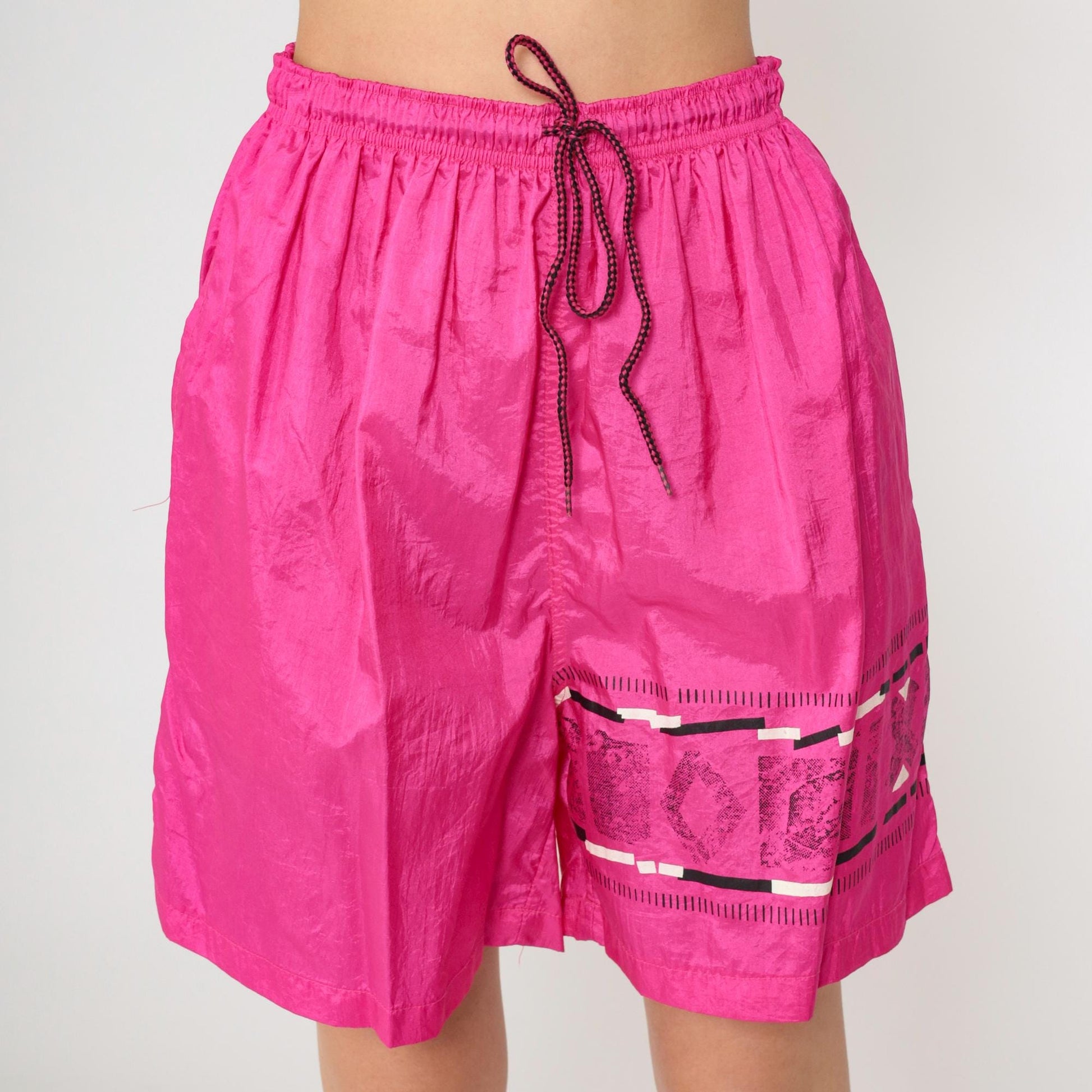 90s Hot Pink Nylon Athletic Shorts Drawstring Unlined Medium M