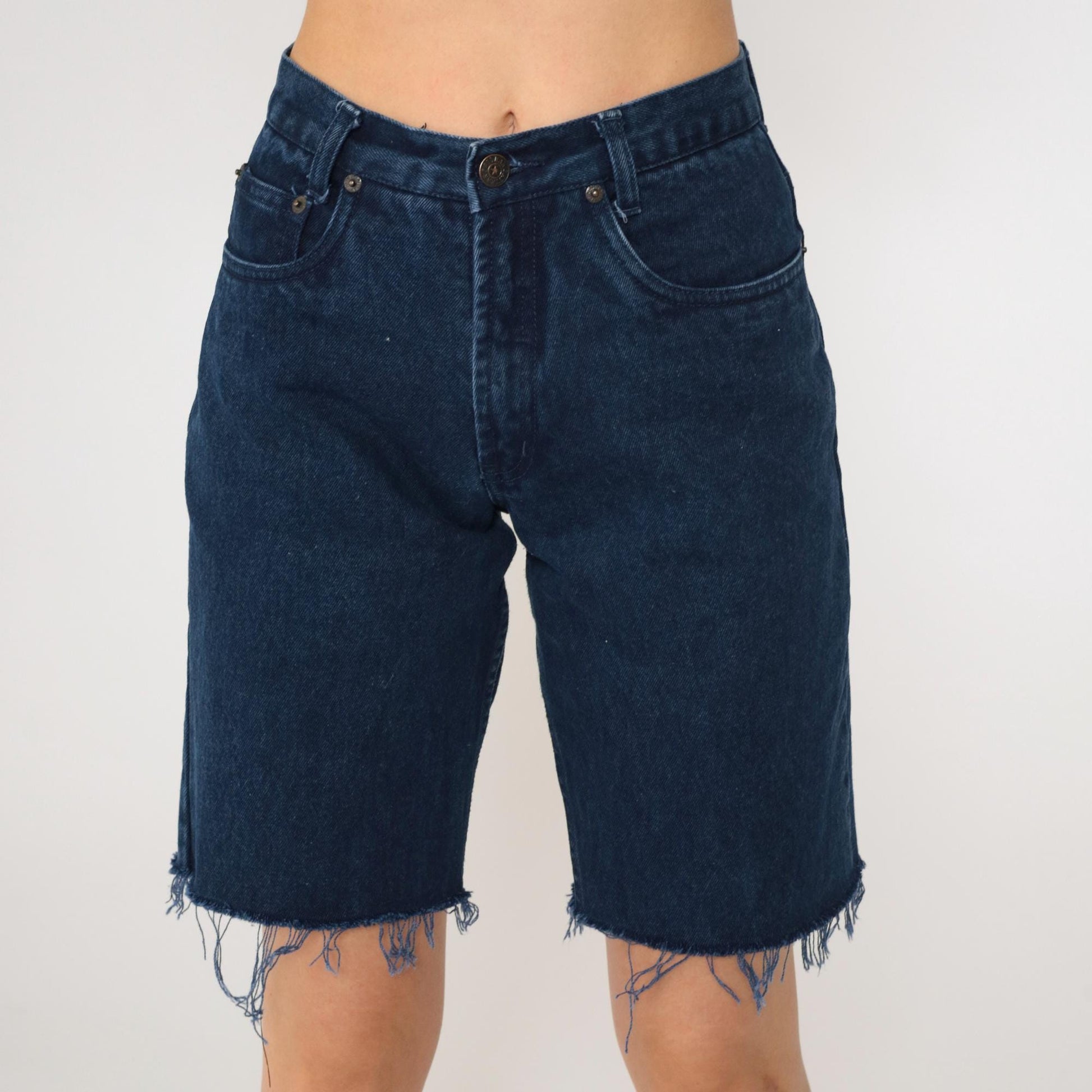 90s Dark Blue Denim Cut-Off Shorts High Waisted Bermuda Frayed Hem Extra Small