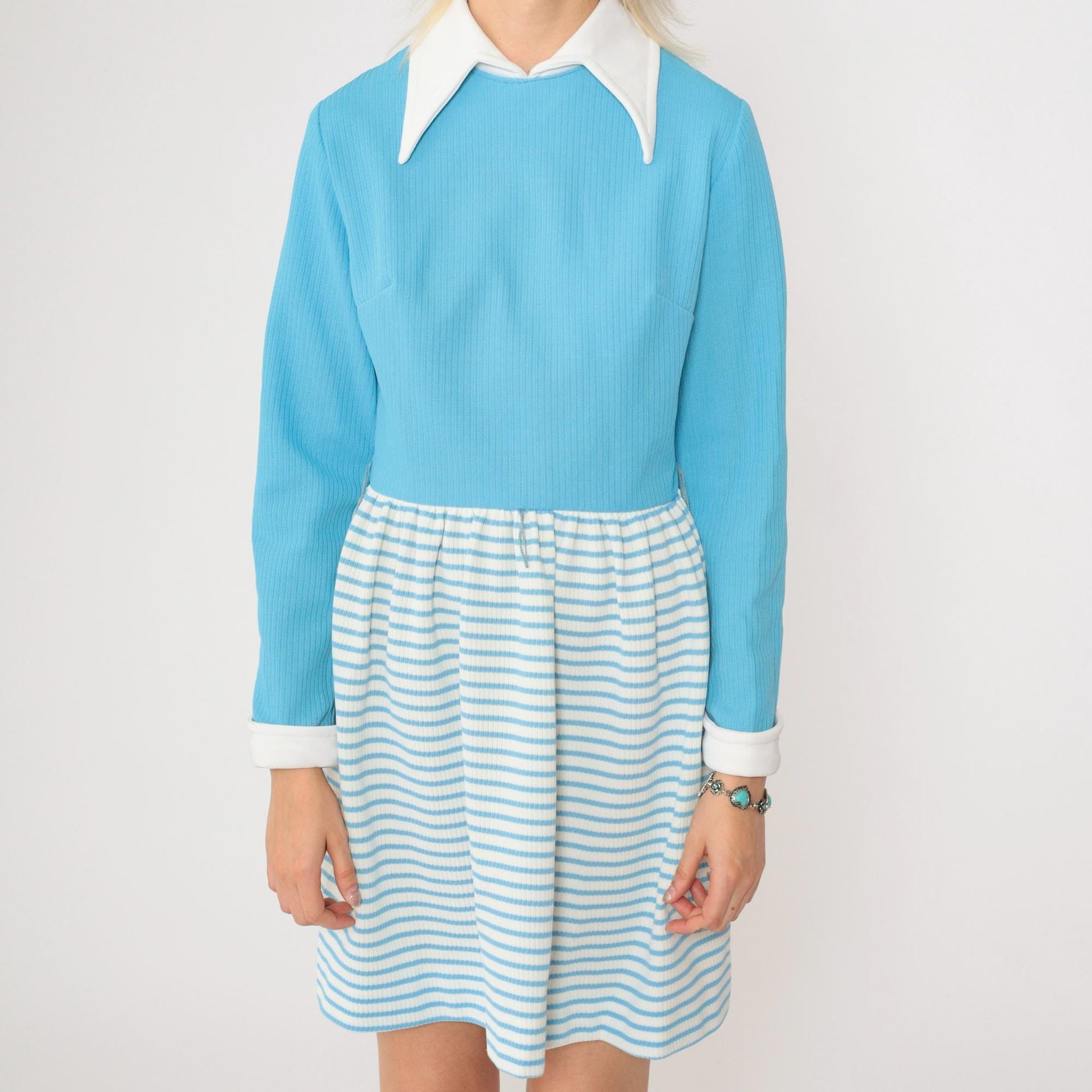 70s Vicky Vaughn Mini Dress Blue Striped Contrast Collar Long Sleeve Small