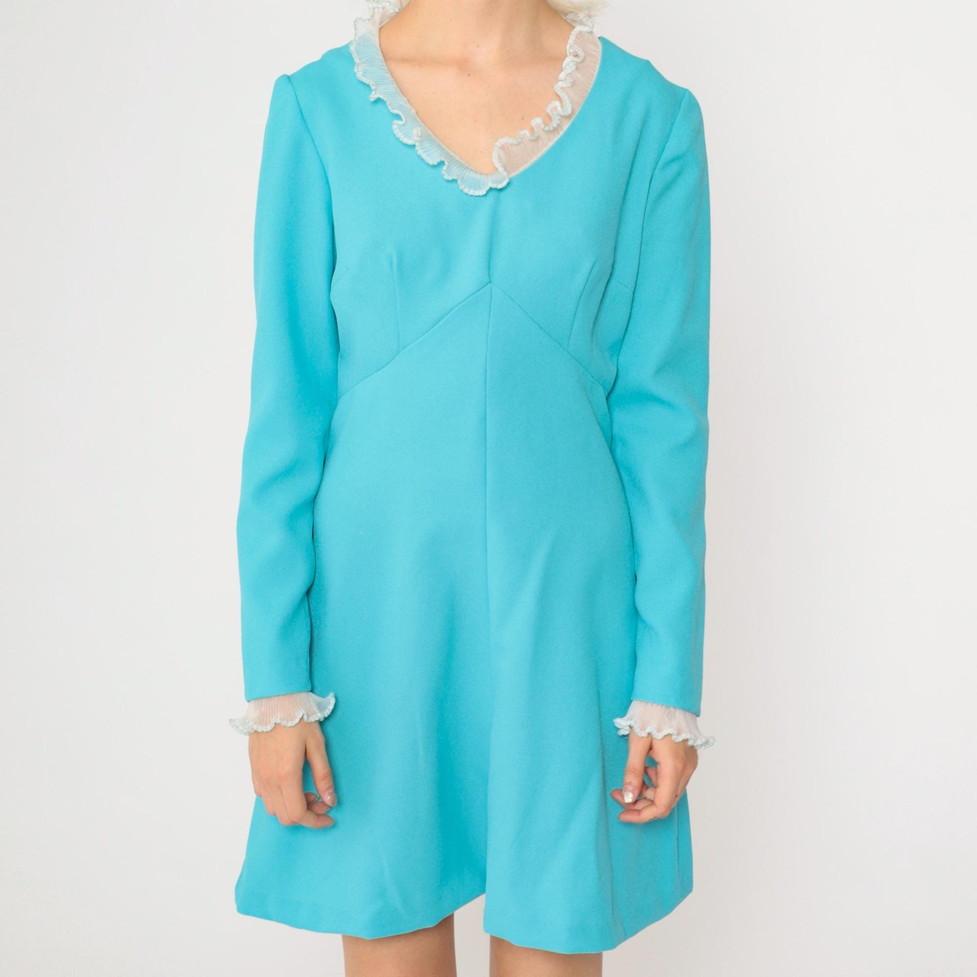 70s Babydoll Mini Dress Blue Empire Waist Ruffled V-Neck Long Sleeve Small