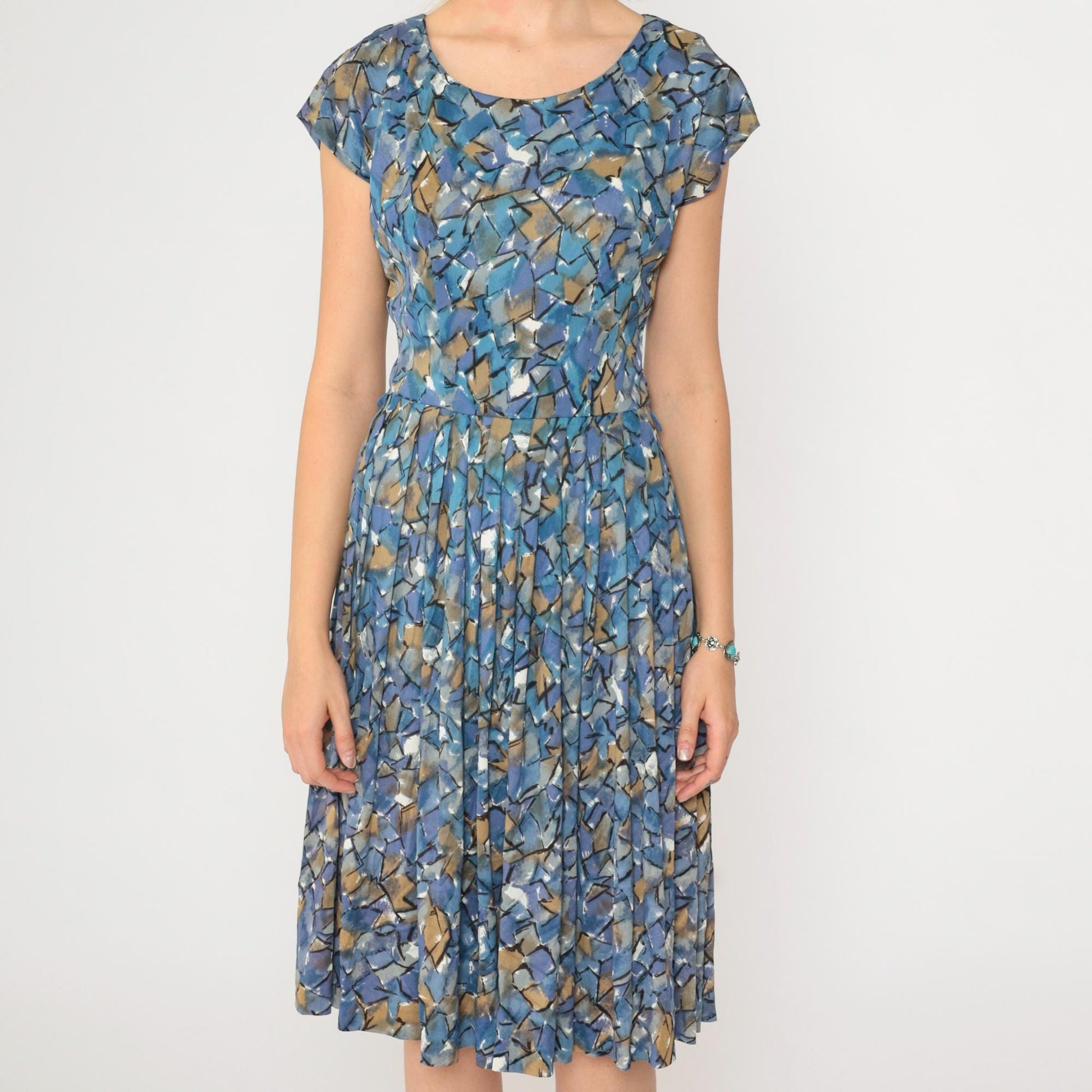 60s Sears Abstract Mosaic Midi Dress High Waisted Pleated Blue Geometric Small
