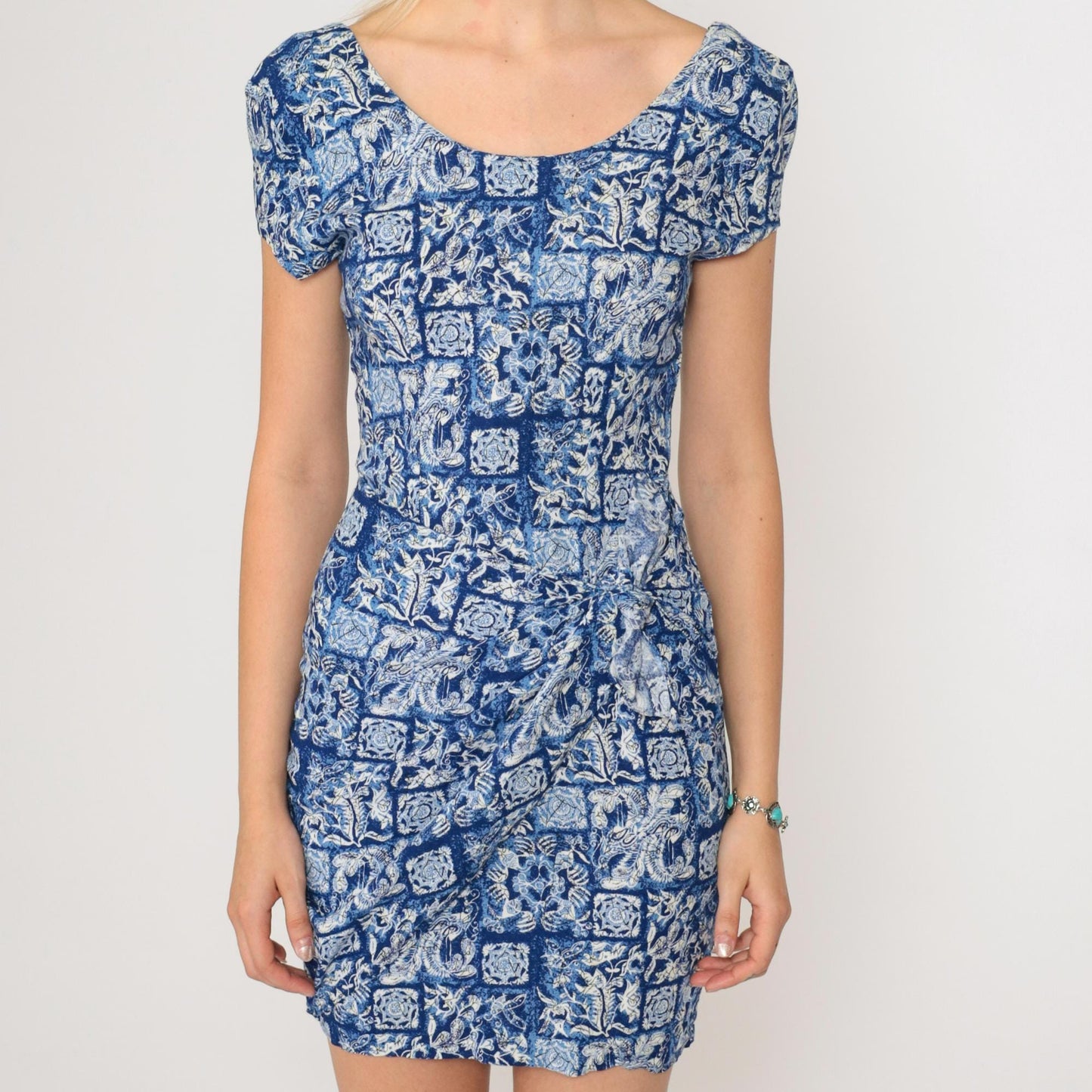 90s Floral Mini Dress Blue Abstract Butterfly Bird Print Wrap Tie Rayon Extra Small
