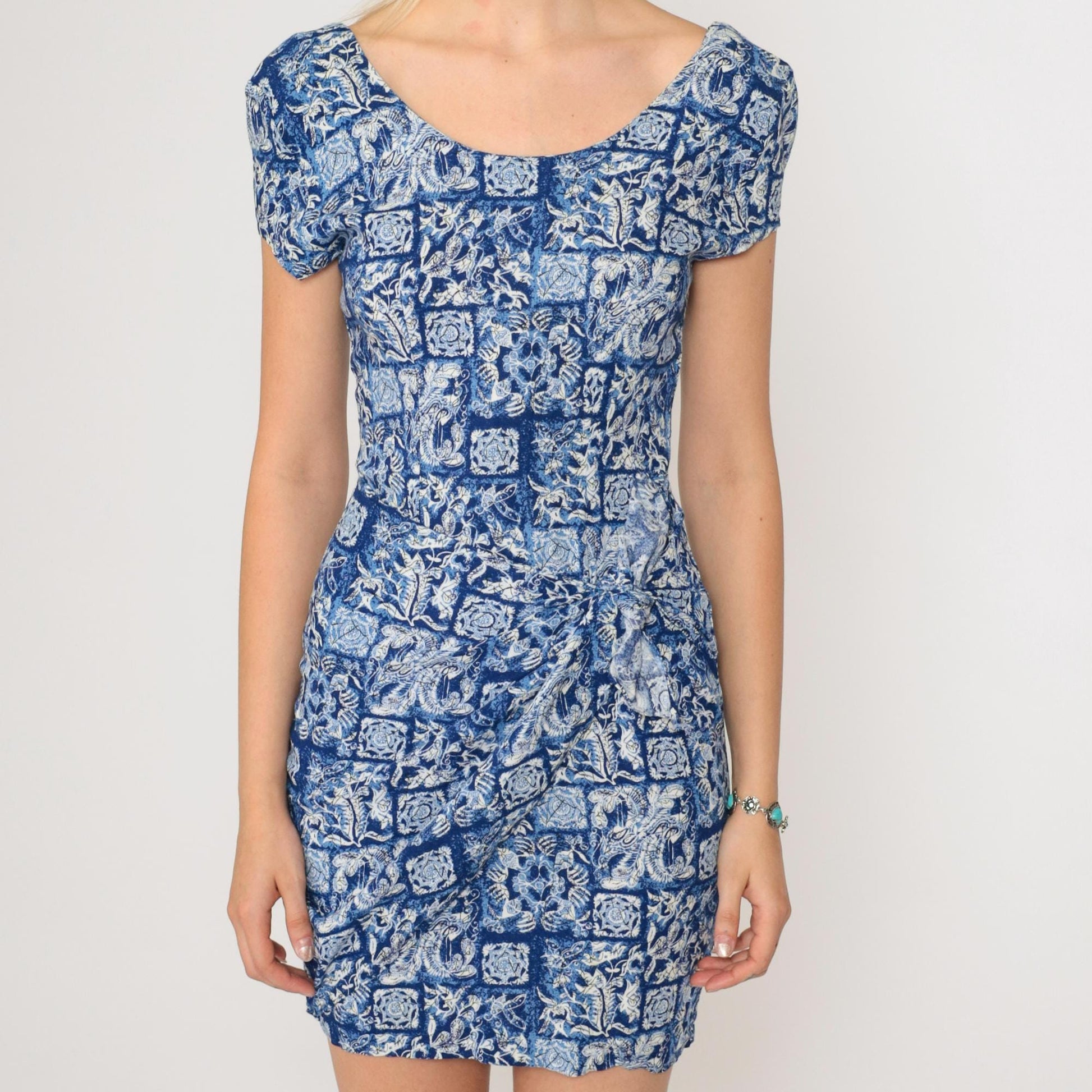 90s Floral Mini Dress Blue Abstract Butterfly Bird Print Wrap Tie Rayon Extra Small