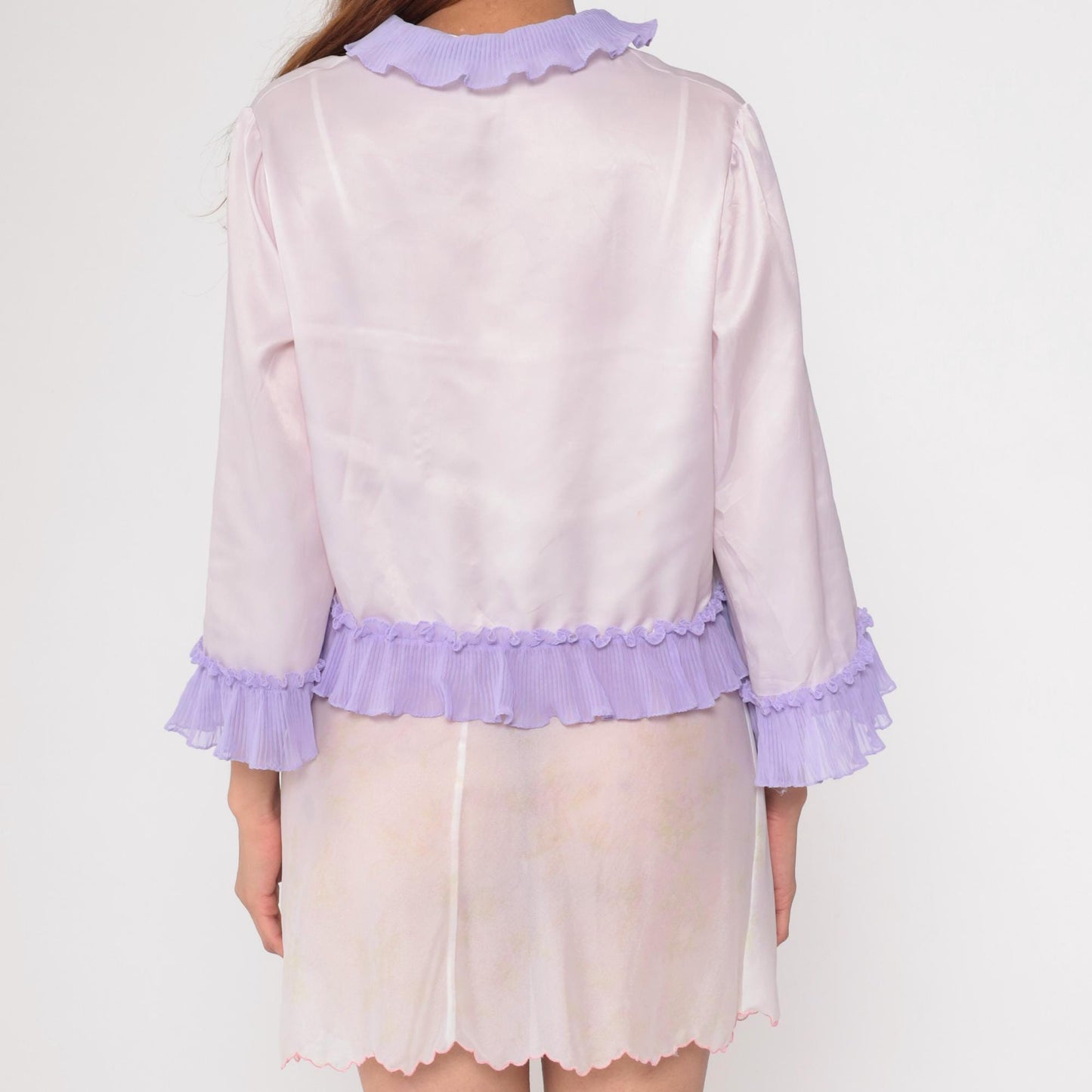 90s Mary McFadden Bed Jacket Pale Pink Lavender Ruffled Tie Front Small