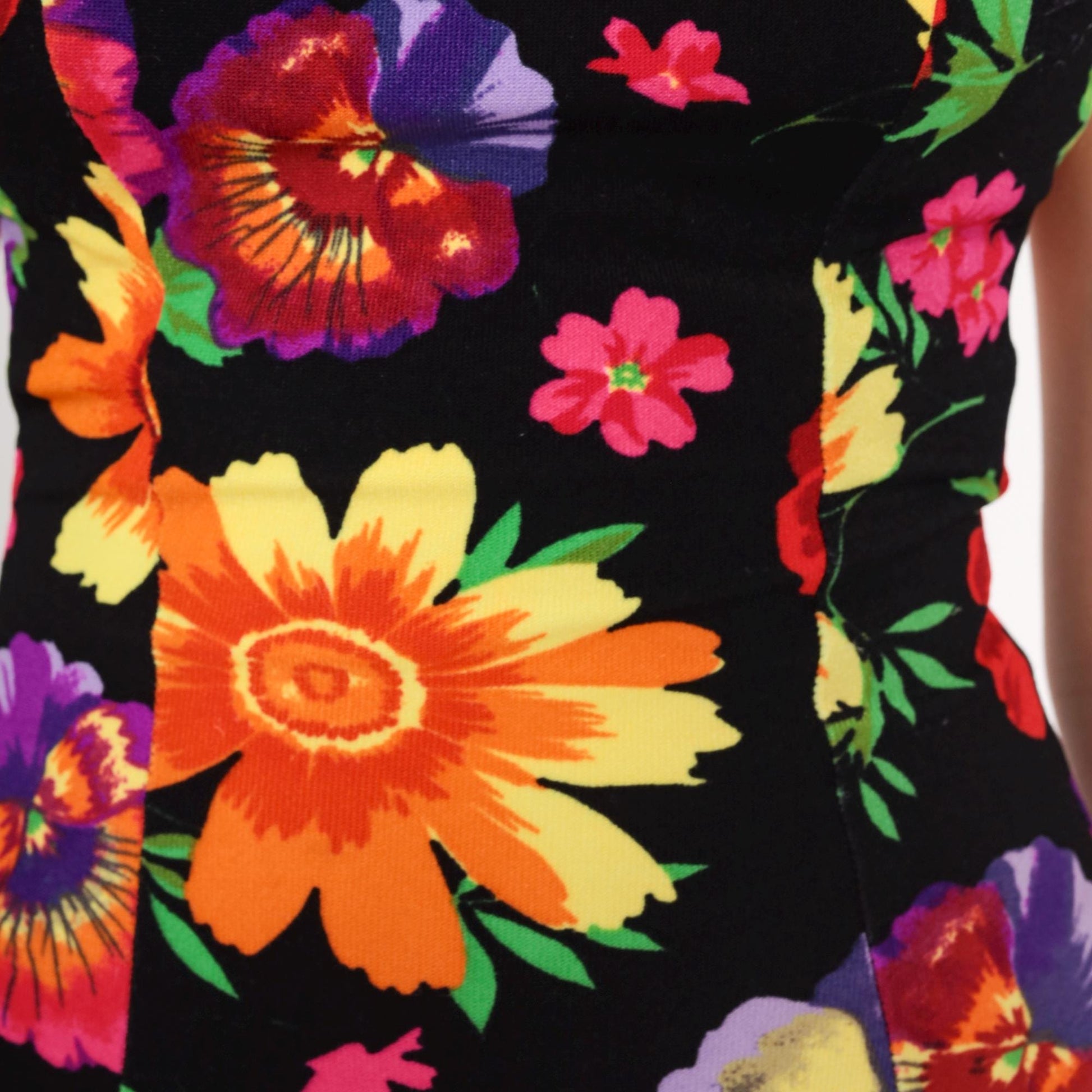 90s Floral One-Piece Swimsuit Black Scoop Back Tropical Print Small Medium
