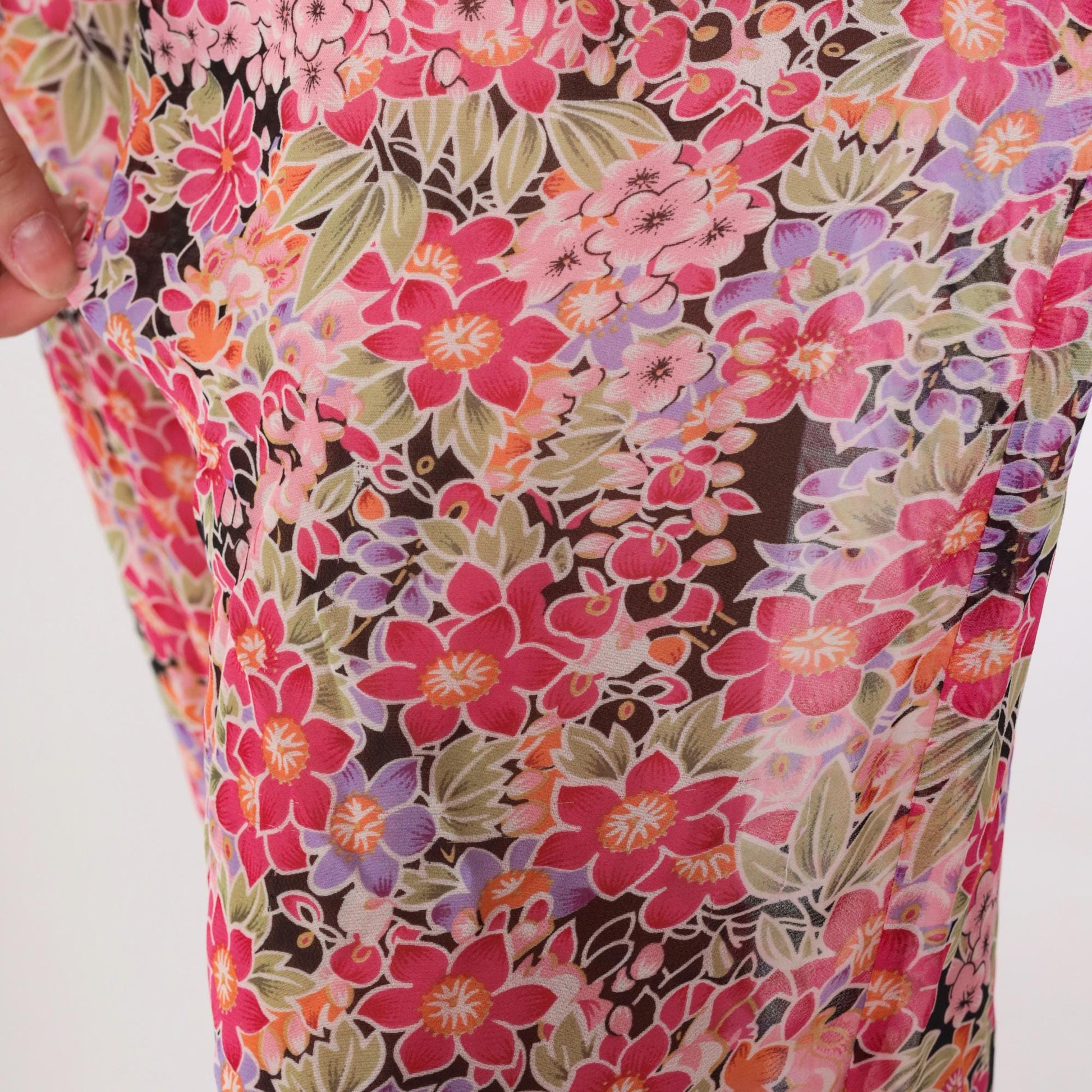 90s Sheer Floral Pink Cropped Trousers Ruffled Hem Drawstring Small