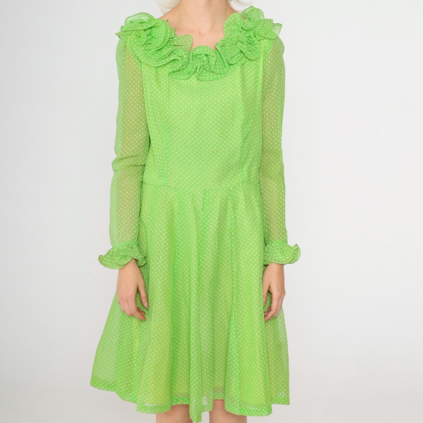 70s Coco California Polka Dot Midi Dress Green Ruffled High Waist Small