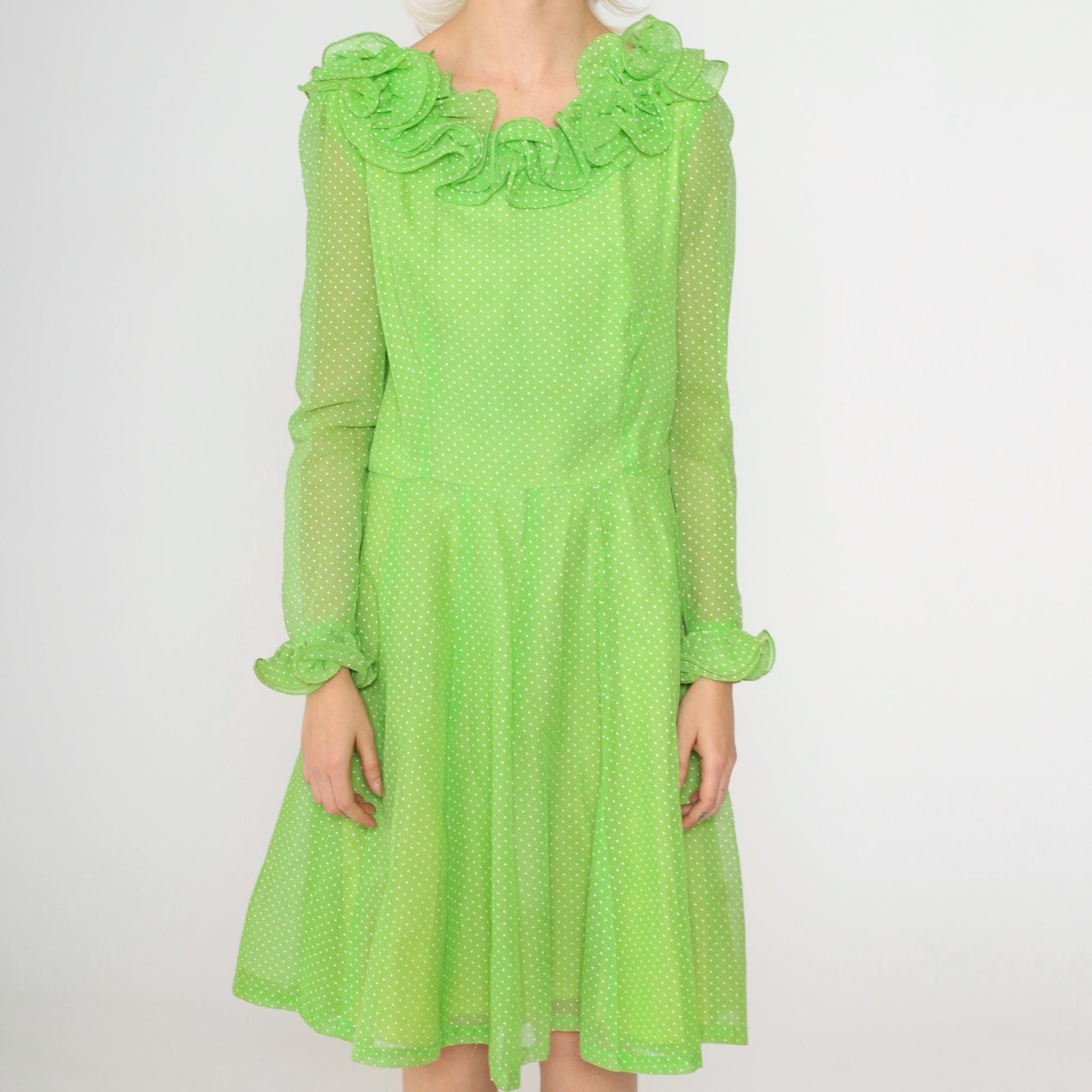 70s Coco California Polka Dot Midi Dress Green Ruffled High Waist Small