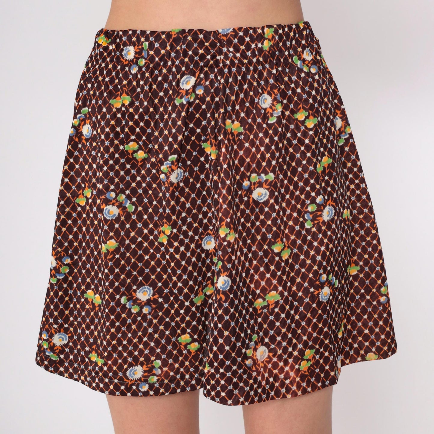 70s Brown Floral Checkered Mini Skirt High Waist A-Line Small