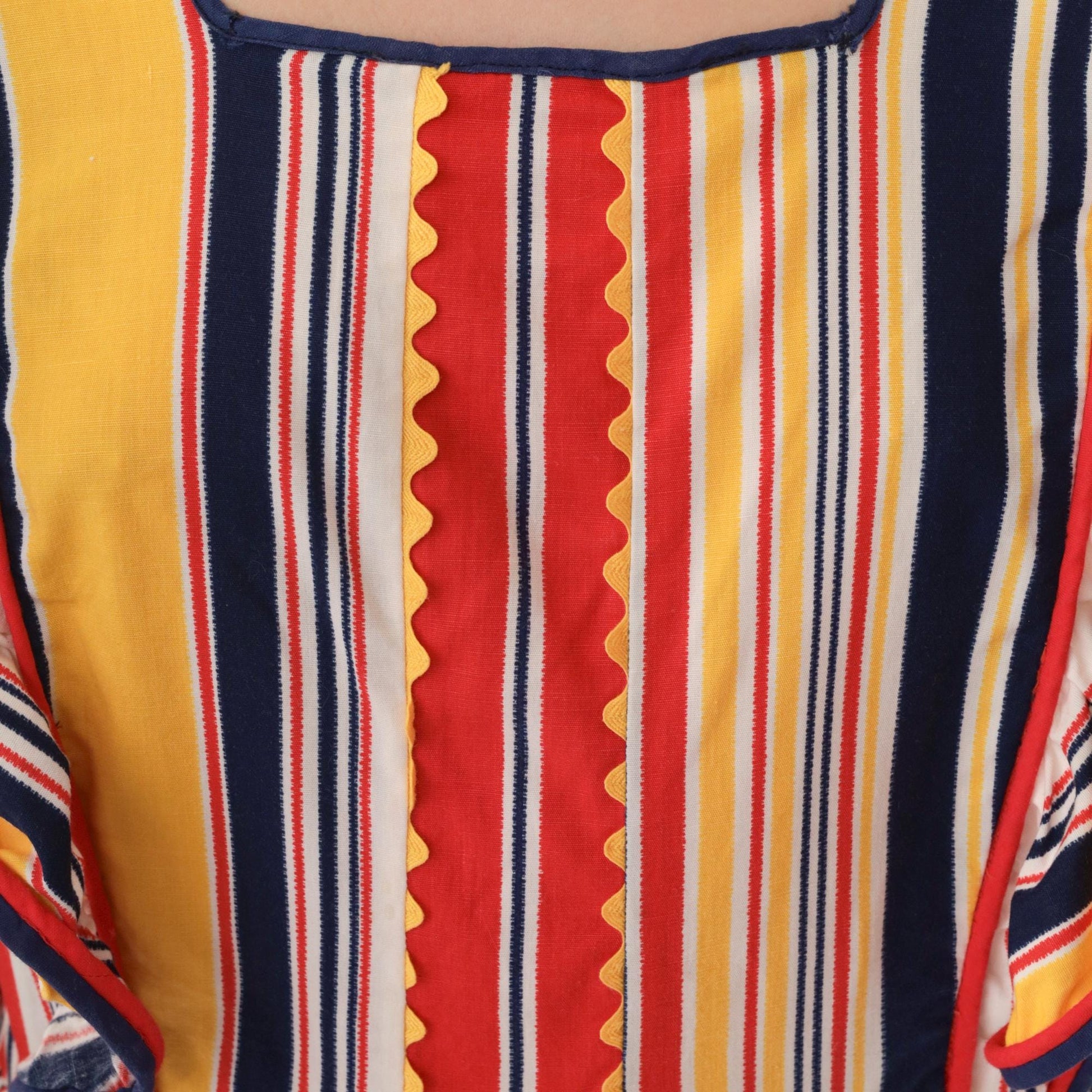 70s Striped Maxi Dress High Waist Ruffled Flutter Sleeve Red Yellow Navy Small Medium