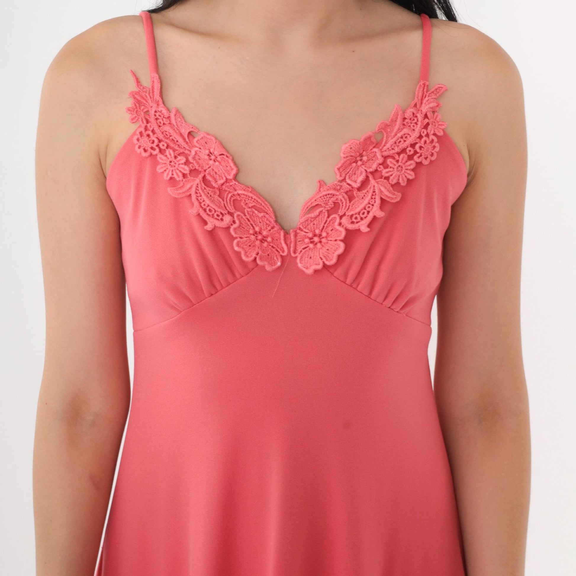 70s Coral Pink Grecian Maxi Dress Empire Waist Floral Lace Spaghetti Strap Extra Small