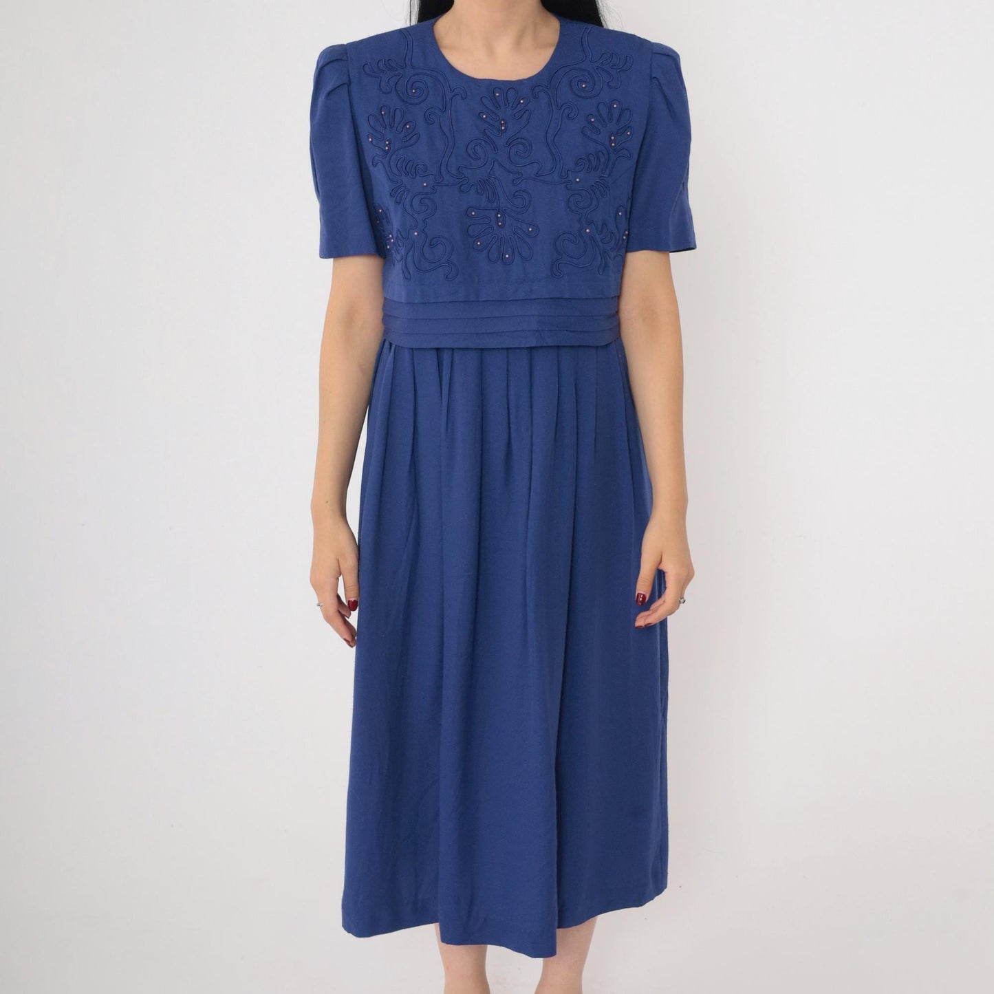 90s Karin Stevens Indigo Beaded Midi Dress Puff Sleeve High Waist Medium