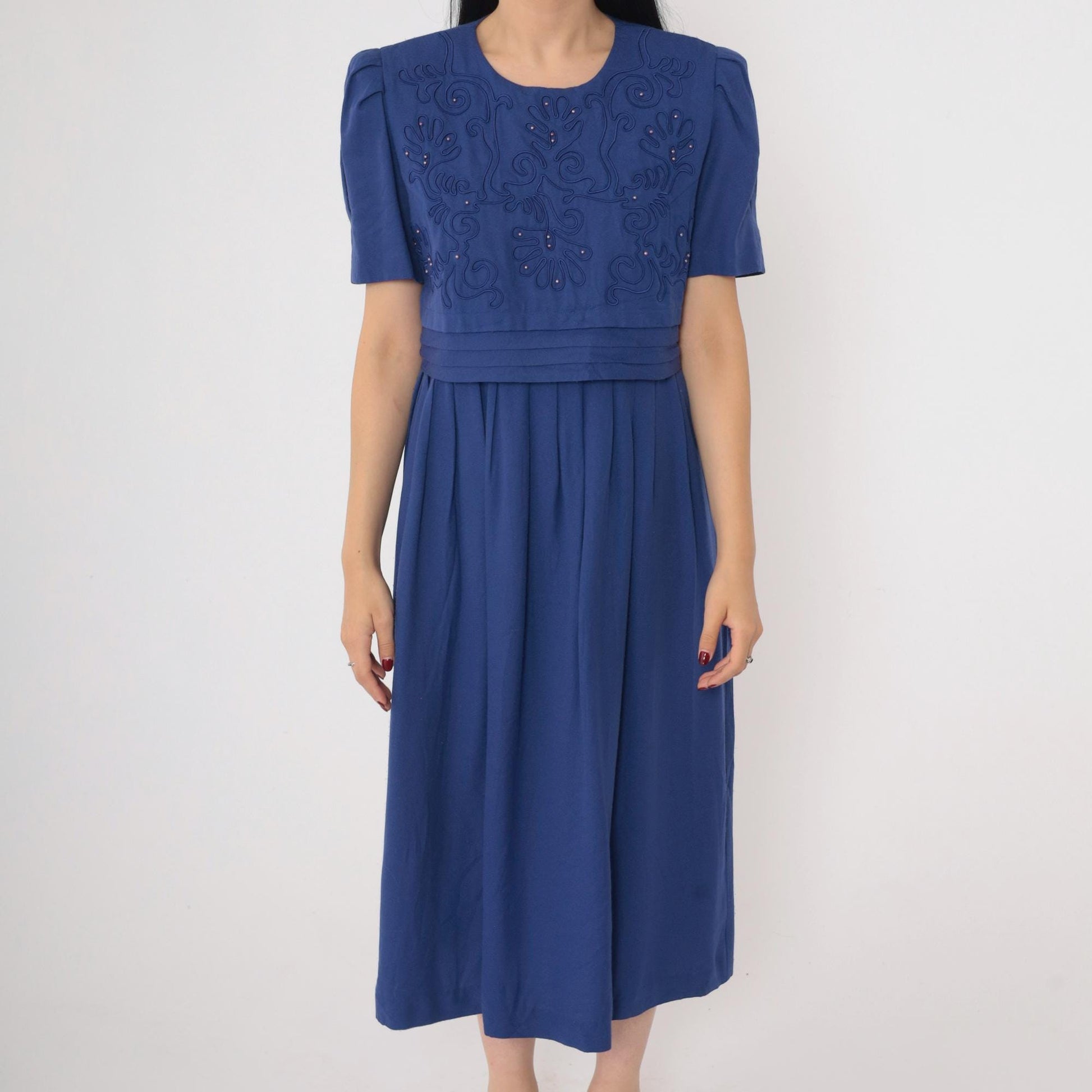 90s Karin Stevens Indigo Beaded Midi Dress Puff Sleeve High Waist Medium