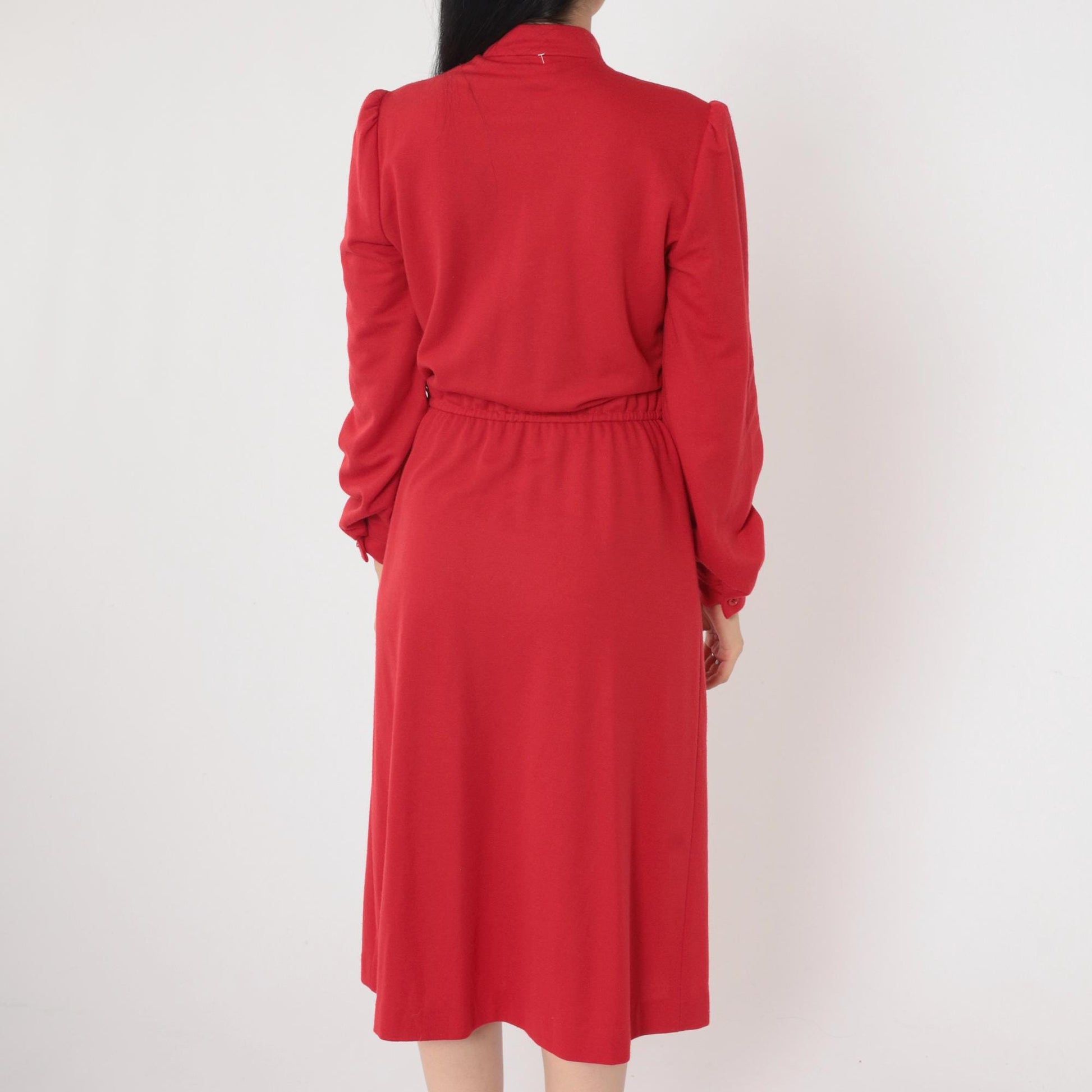 80s Red Button-Up Midi Dress High Neck Puff Sleeve Pleated Small
