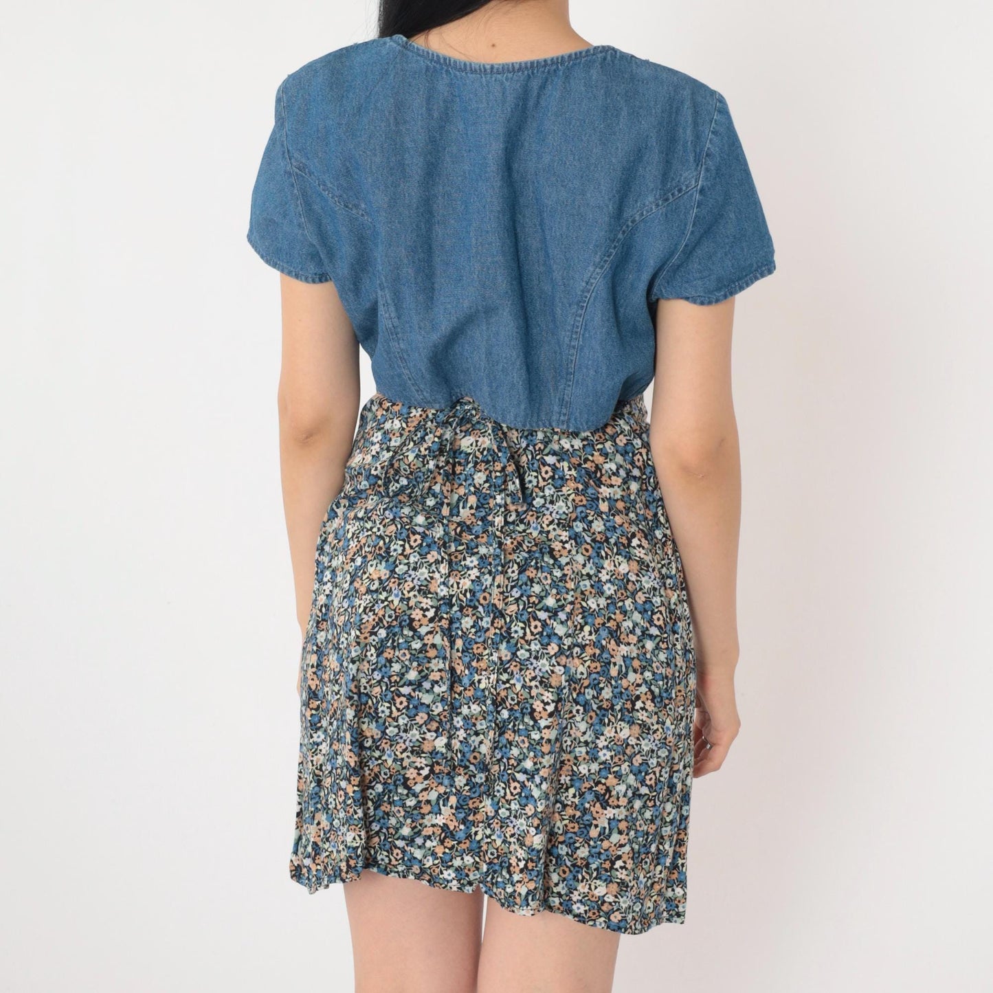 90s All That Jazz Floral Denim Mini Dress High Waist Button Up Blue Medium