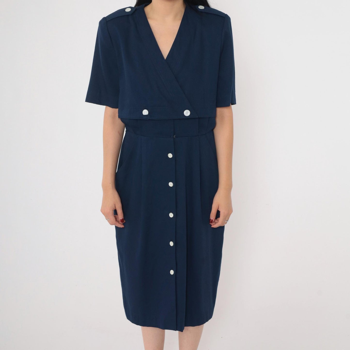 90s Navy Midi Shirt Dress High Waist Epaulette Button Up Medium