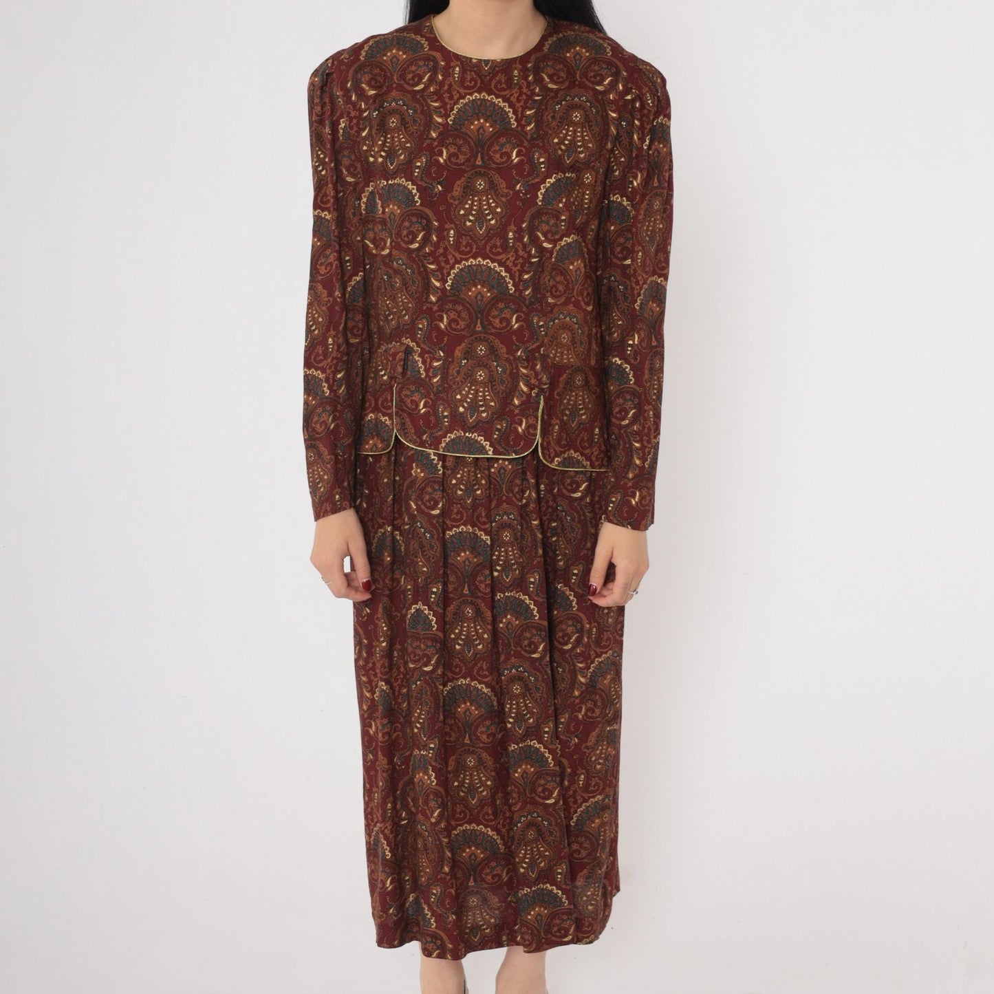 90s Maroon Paisley Midi Dress Gold Trim Puff Sleeve Button Back Medium