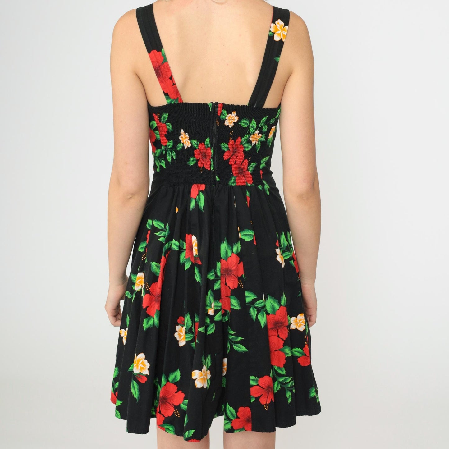 90s Hawaiian Floral Mini Dress Black Sweetheart Smocked Sundress Small S