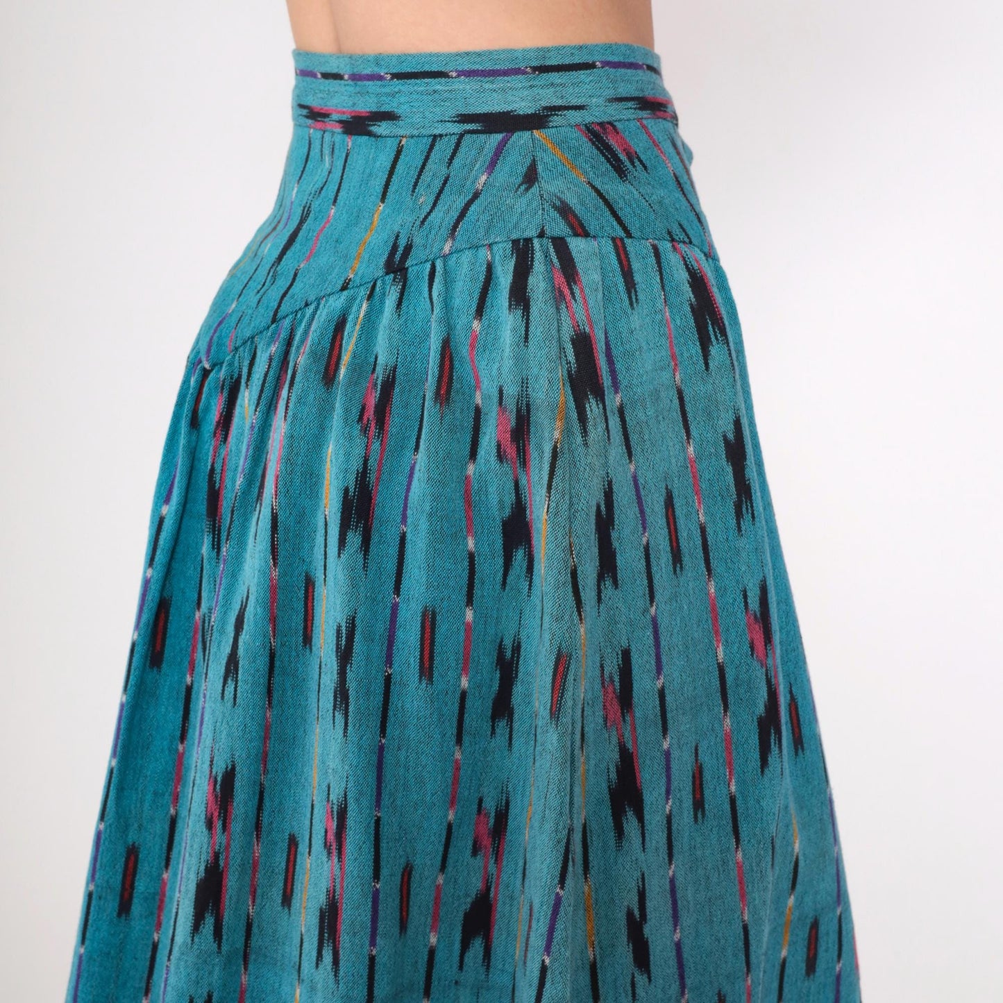 90s Teal Ikat Midi Skirt Button Front High Waist Southwestern Extra Small