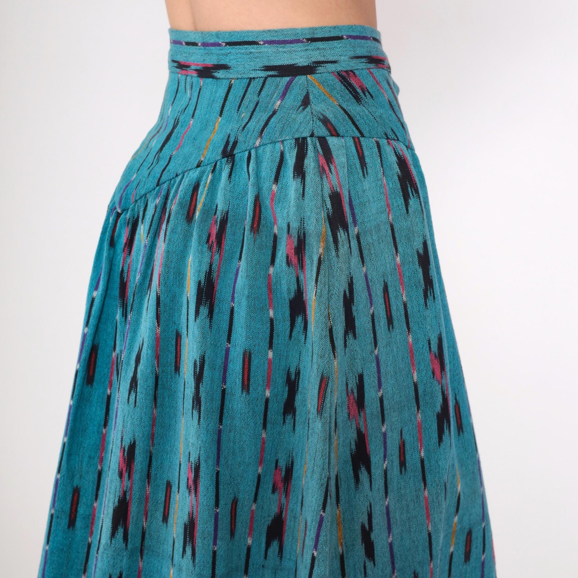 90s Teal Ikat Midi Skirt Button Front High Waist Southwestern Extra Small