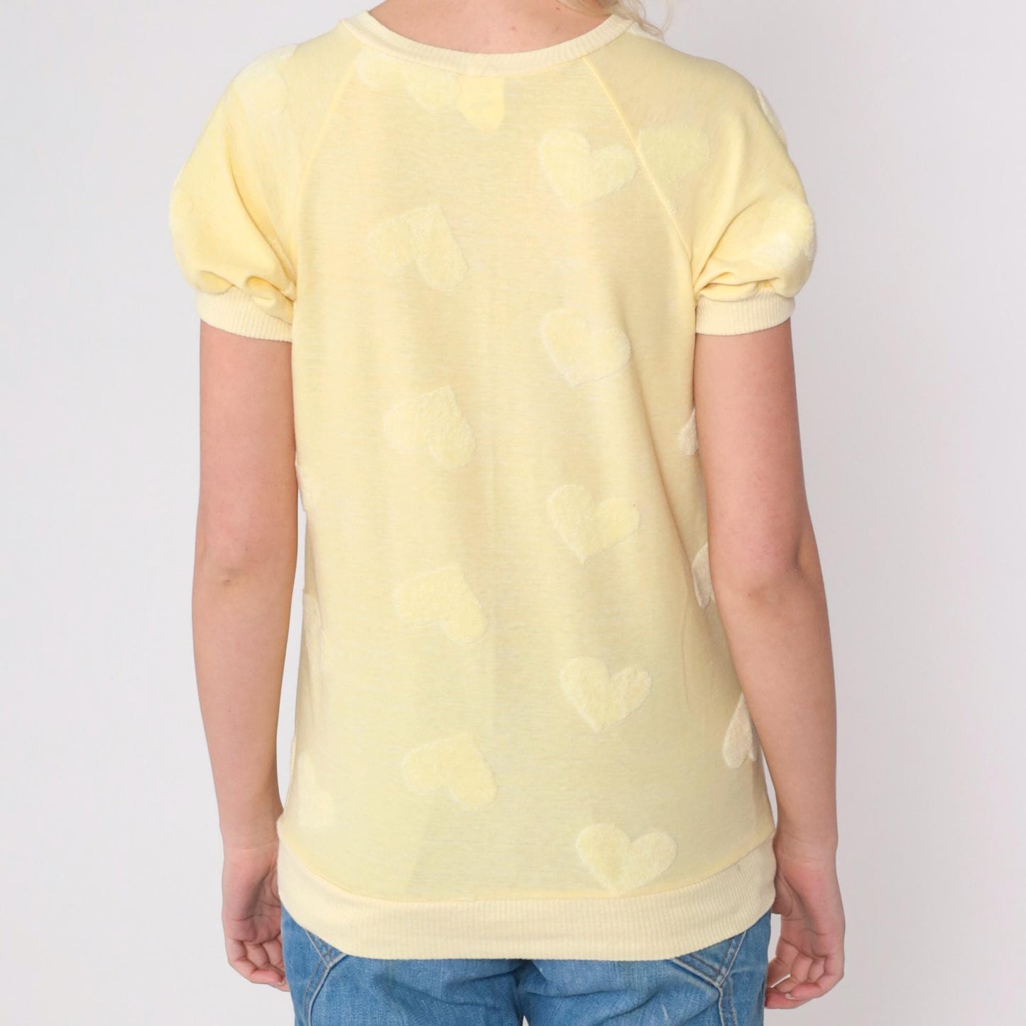 80s Terry Cloth Heart Shirt Light Yellow Raglan Crewneck XS