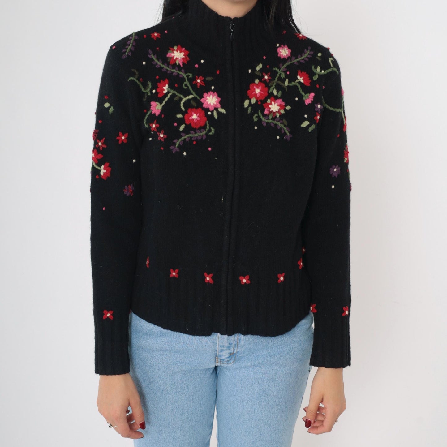 Y2K Talbots Floral Embroidered Cardigan Black Lambswool Mock Neck Zip Small
