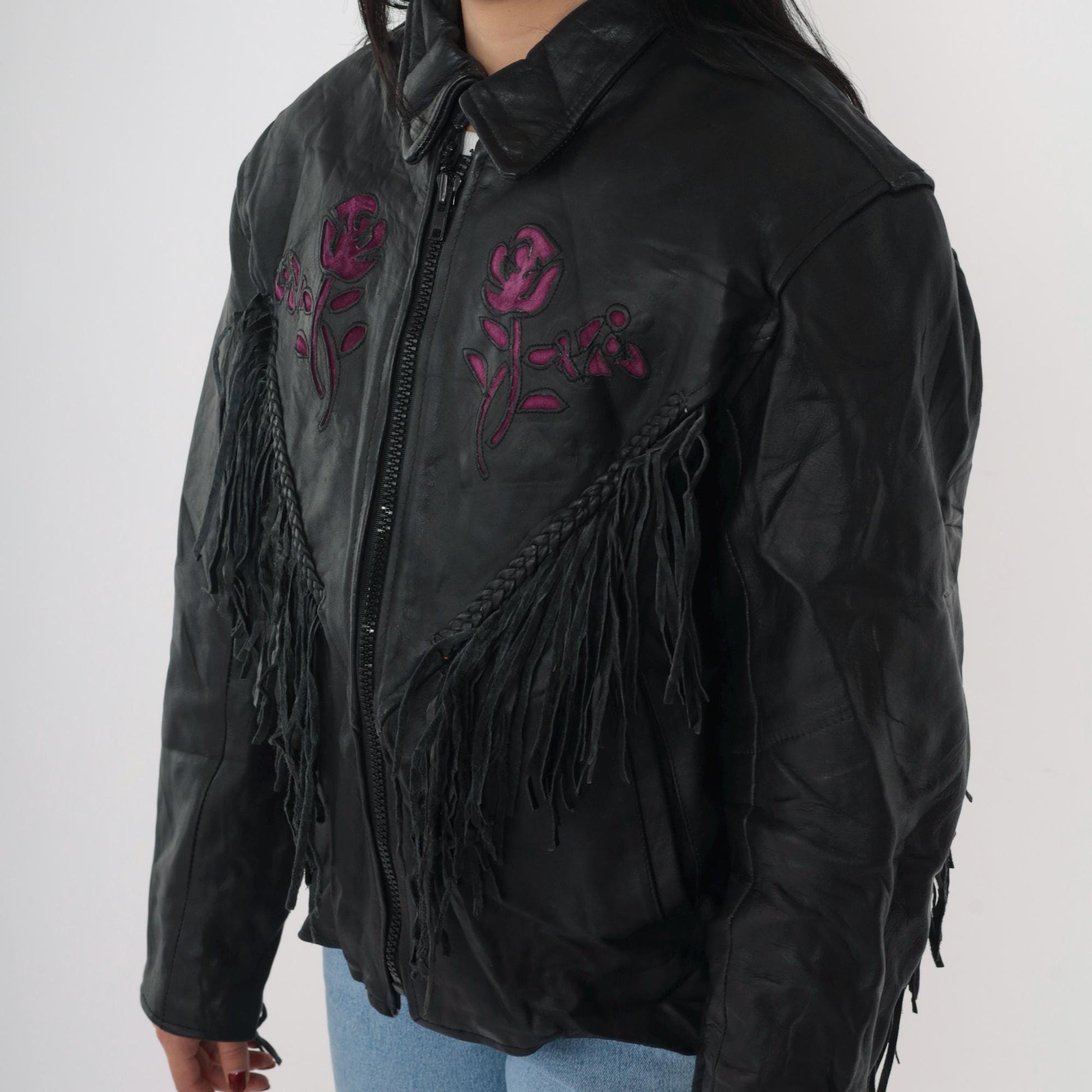 90s Black Leather Fringe Jacket Purple Suede Roses Western Biker Large L