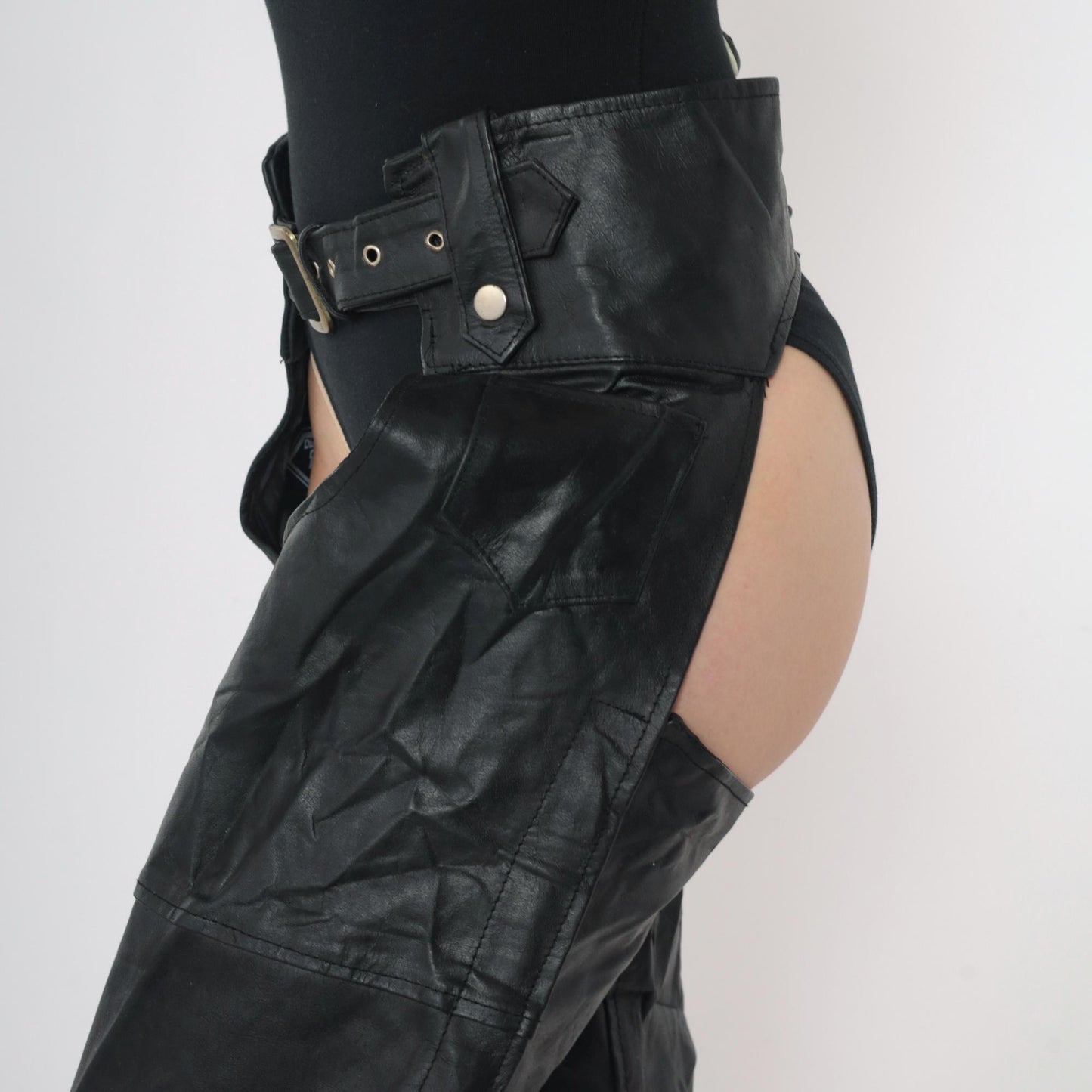 90s Black Leather Assless Chaps Motorcycle Buckle Zippers Small S