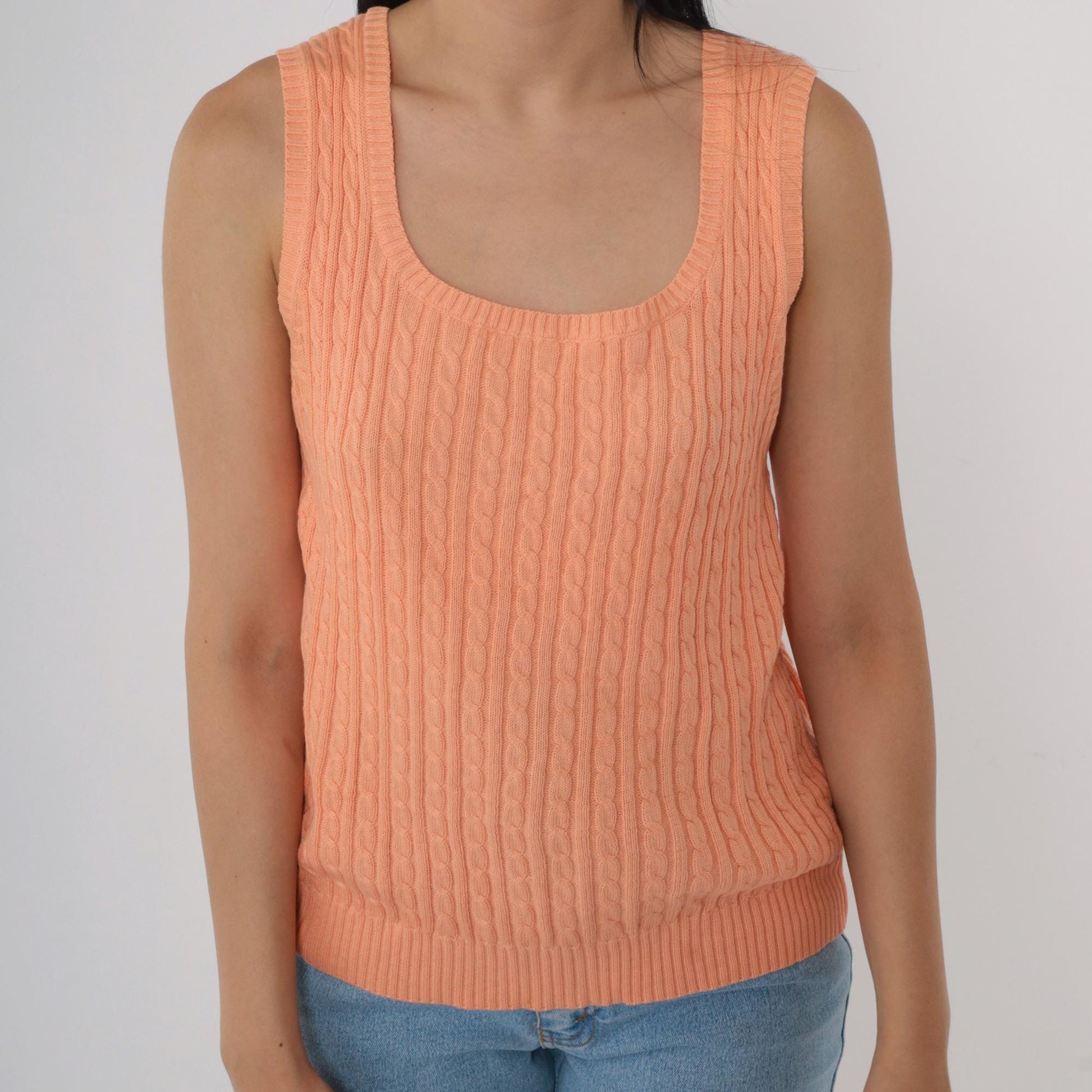 90s Cable Knit Vest Peach Scoop Neck Sleeveless Pullover Small