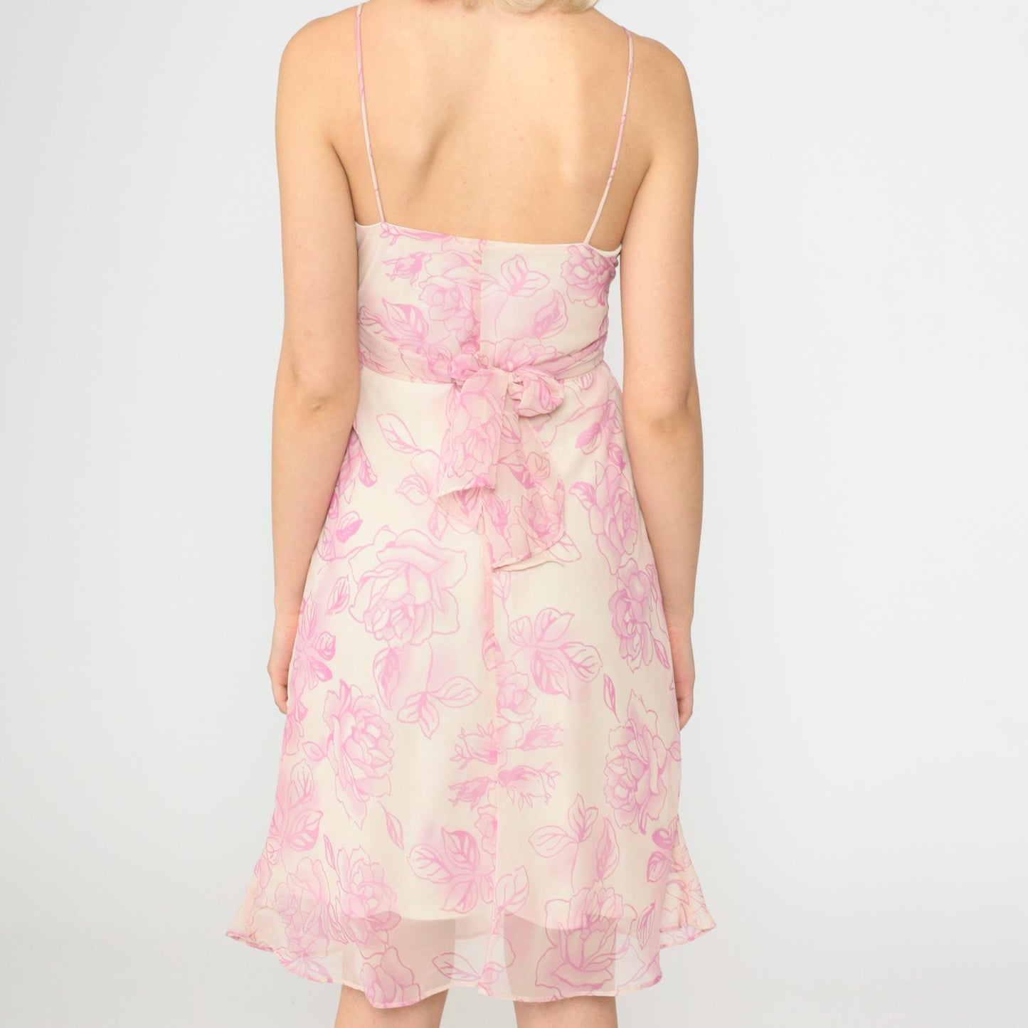 90s Y2K Cream Pink Floral Chiffon Midi Dress Surplice V Neck Spaghetti Strap Small
