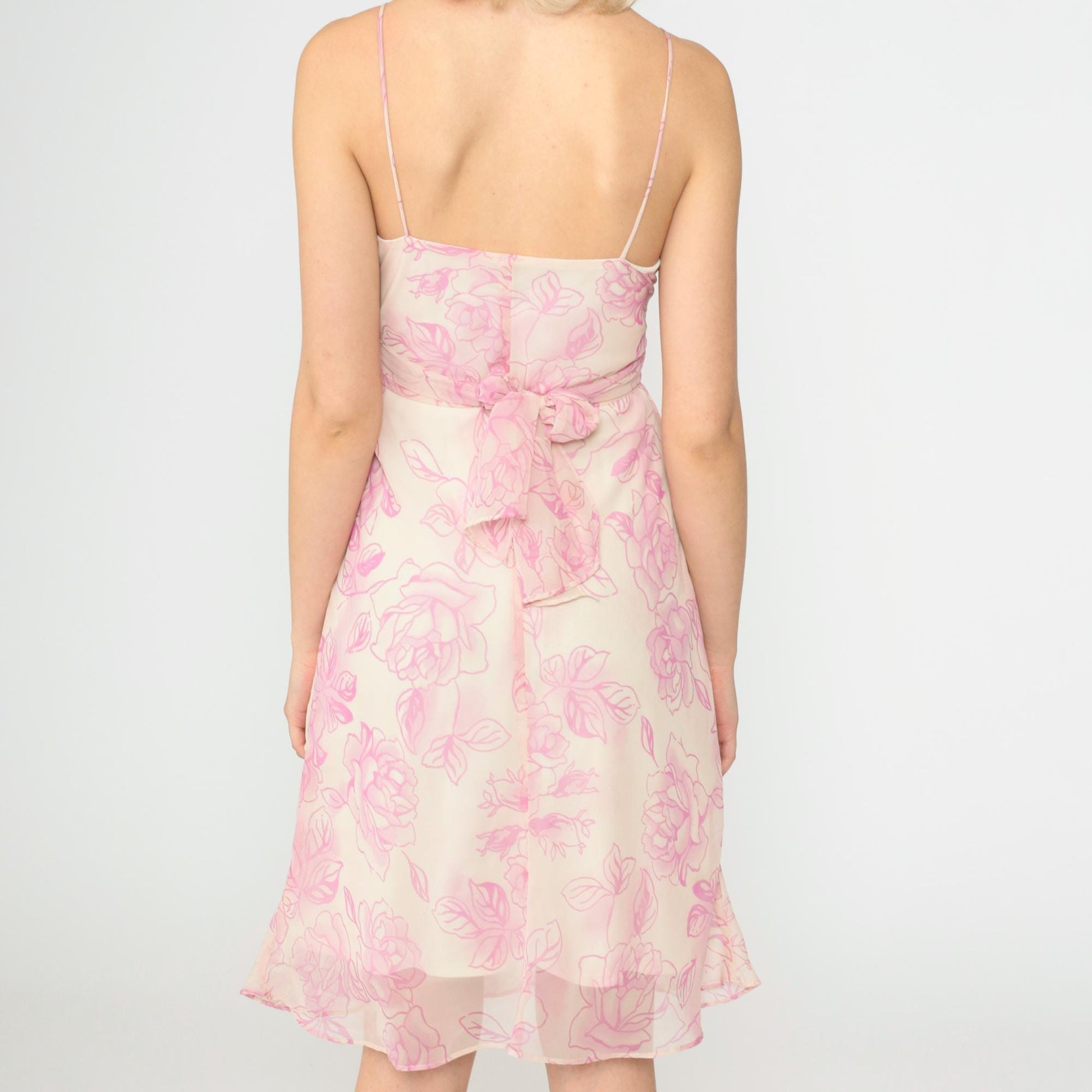 90s Y2K Cream Pink Floral Chiffon Midi Dress Surplice V Neck Spaghetti Strap Small