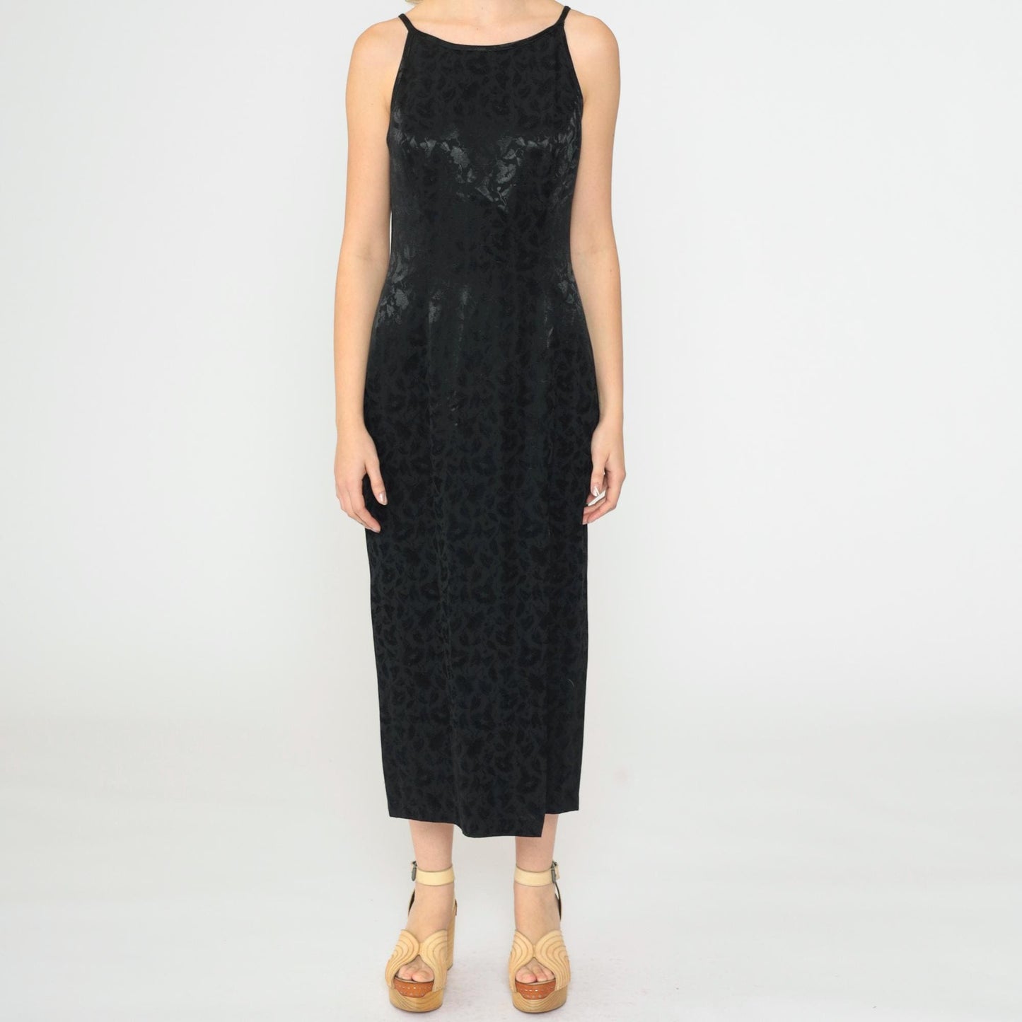 90s Black Jacquard Floral Midi Dress Spaghetti Strap Side Slit Sheath Medium 8