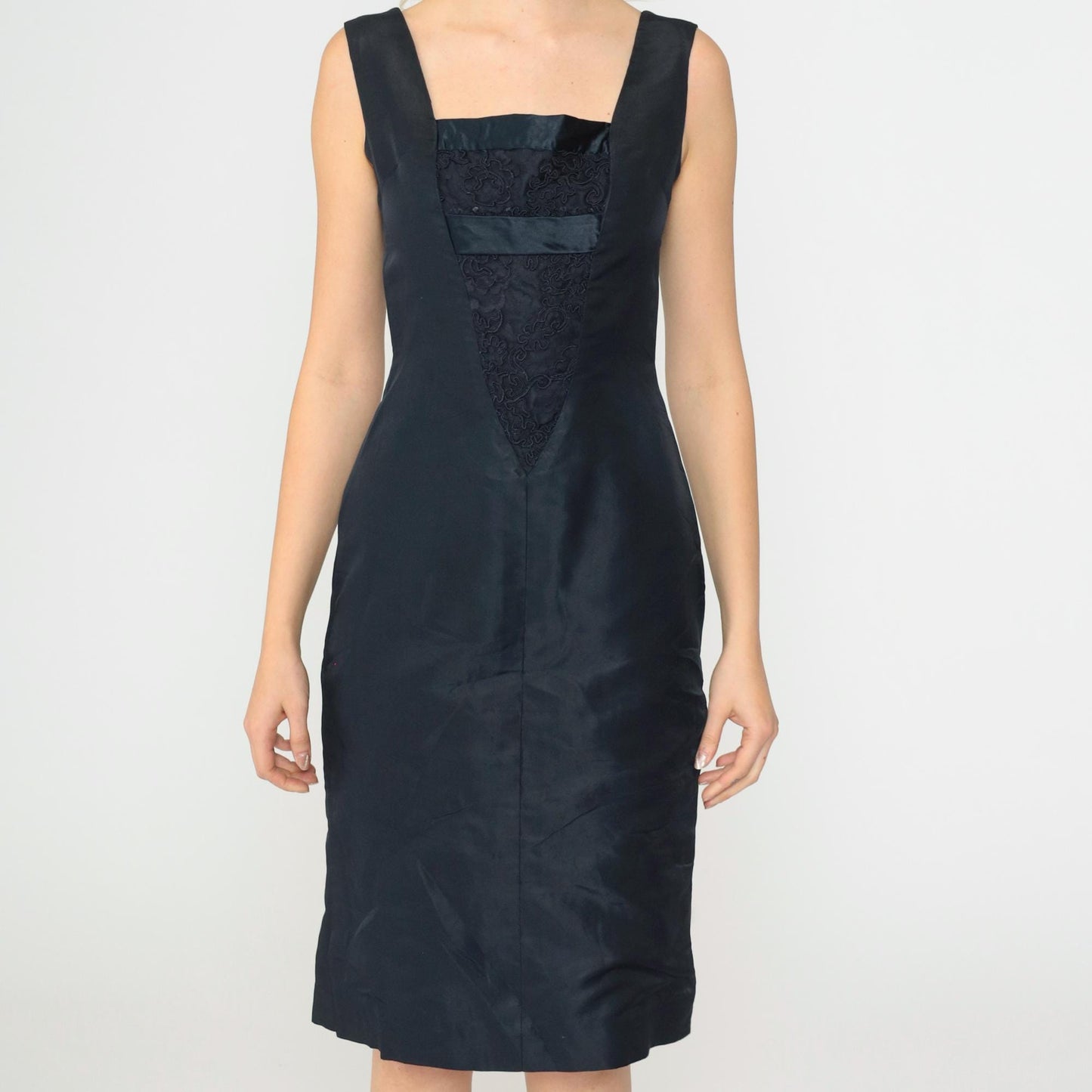 1950s Navy Cocktail Dress Soutache Lace Square Neckline Bow Back Knee-Length Extra Small