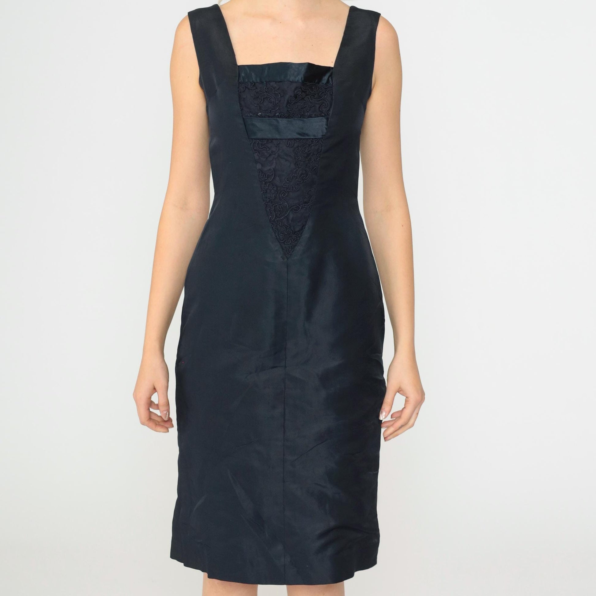 1950s Navy Cocktail Dress Soutache Lace Square Neckline Bow Back Knee-Length Extra Small