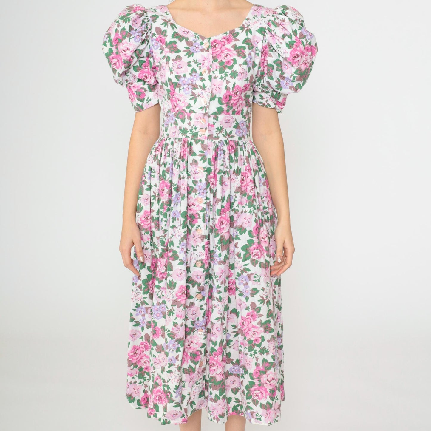 80s Act I Floral Puff Sleeve Midi Dress Criss-Cross Keyhole Back White Pink Extra Small