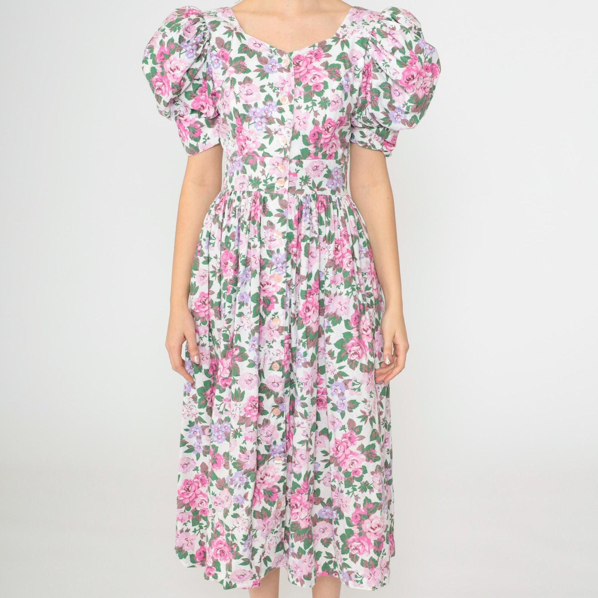 80s Act I Floral Puff Sleeve Midi Dress Criss-Cross Keyhole Back White Pink Extra Small