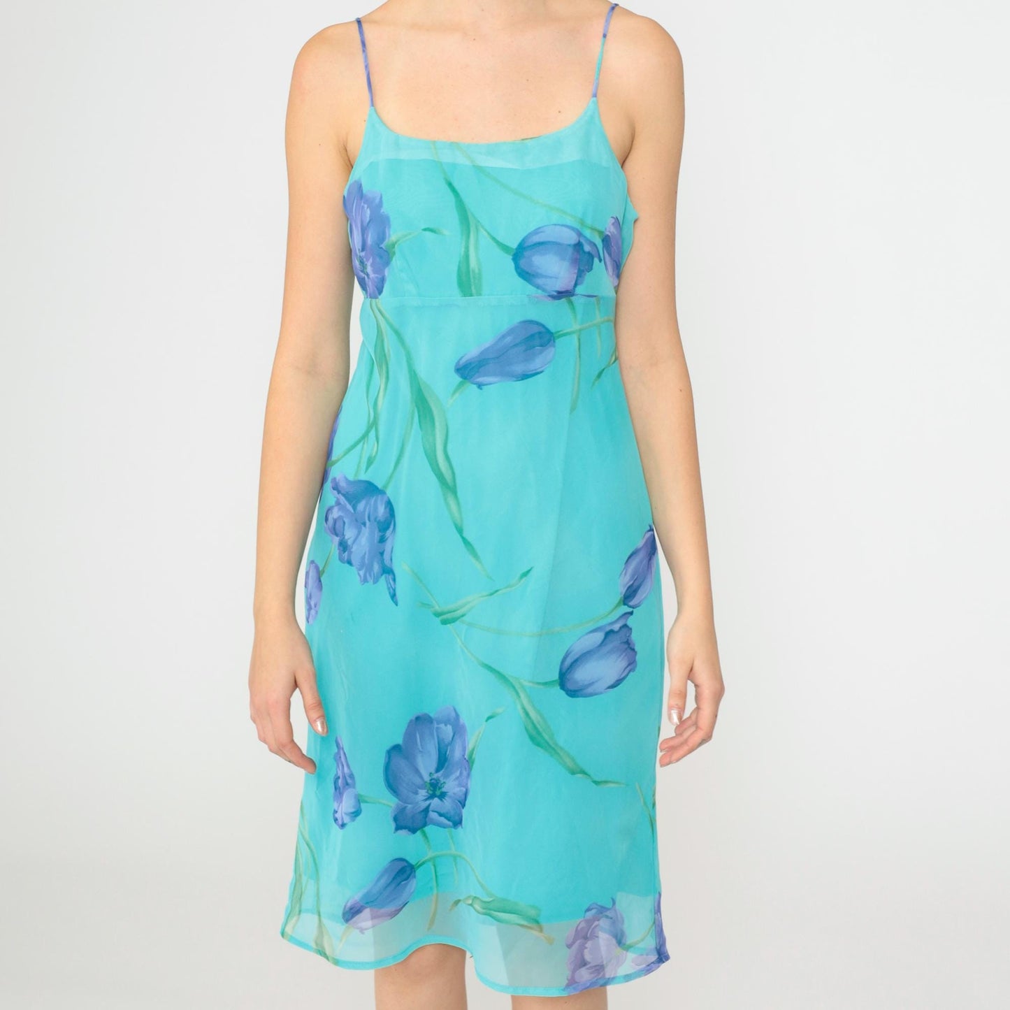 90s Turquoise Floral Chiffon Midi Dress Spaghetti Strap Empire Waist Small