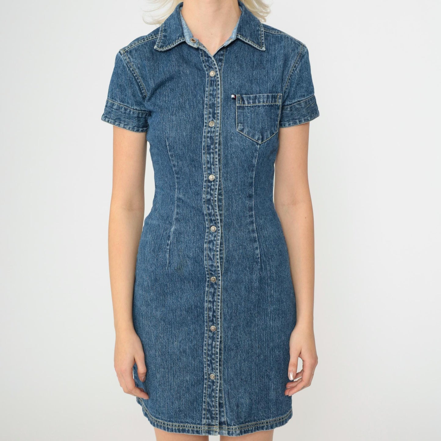 90s Tommy Hilfiger Blue Denim Mini Dress Button-Up Short Sleeve Extra Small
