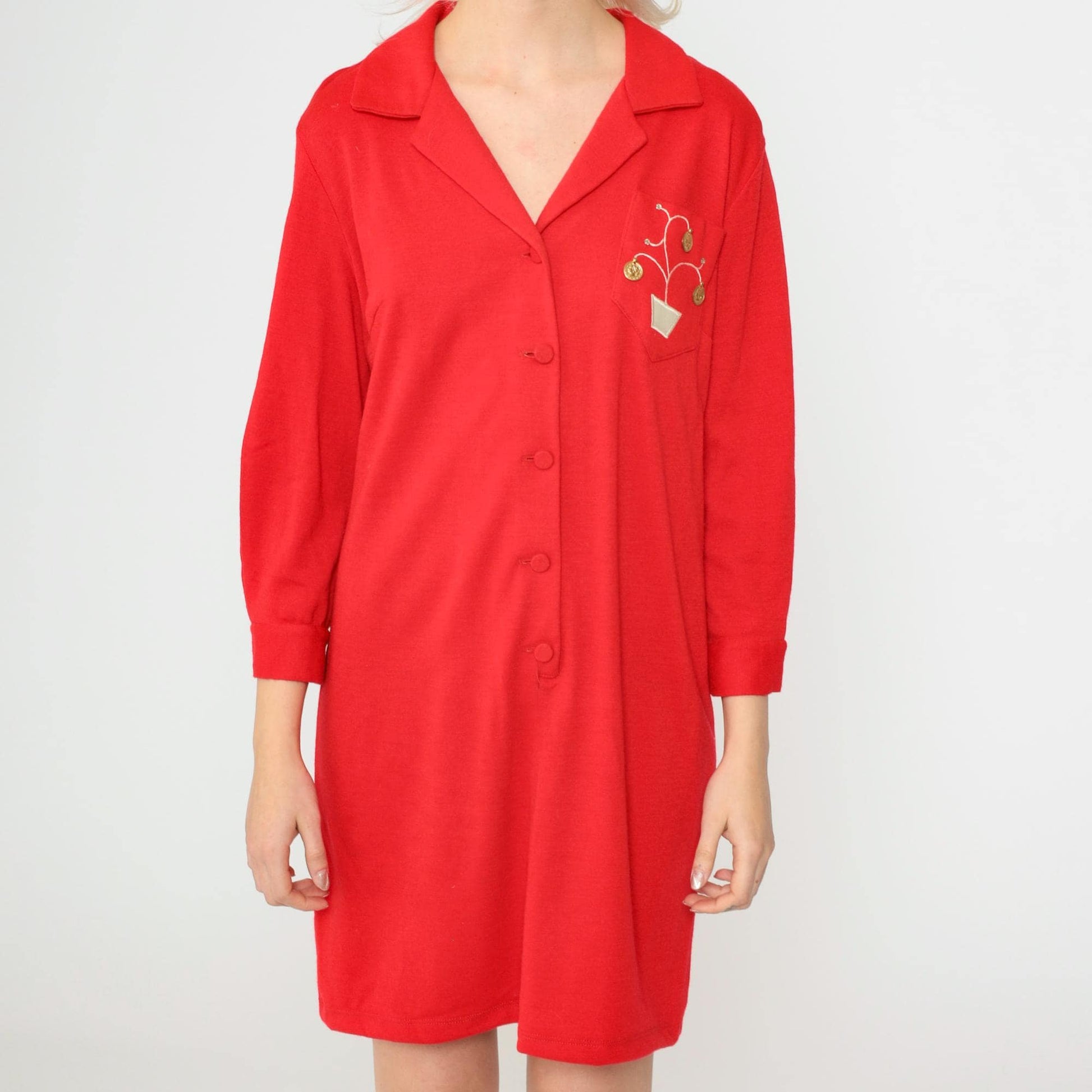 70s Red Shift Dress Embroidered Money Tree Pocket Gold Coin Rhinestone 3/4 Sleeve Mini Small