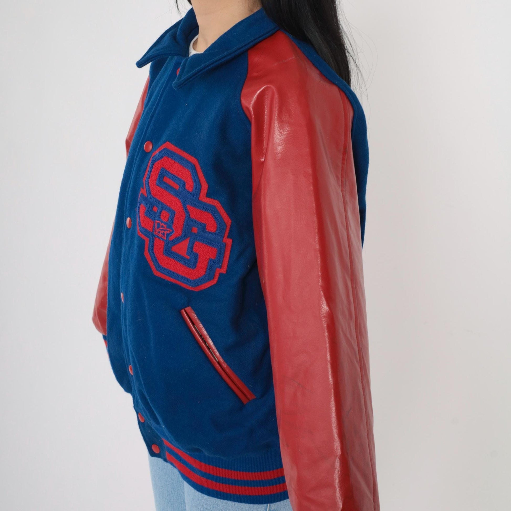 90s Varsity Jacket Blue Red Wool Melton Leather Sleeves SG Patch Men's Large L