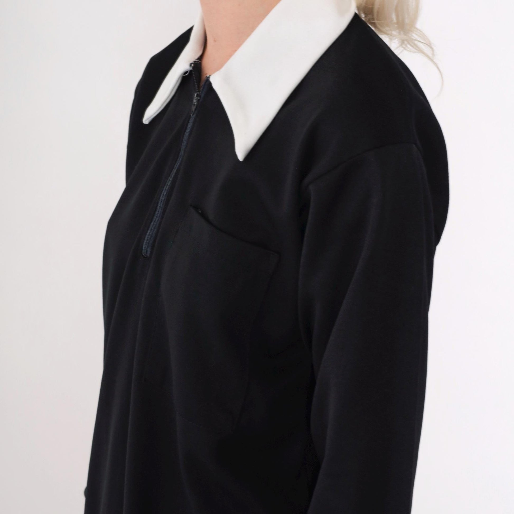 70s Black White Dagger Collar Zip Shirt Quarter Zipper Mod Top Medium