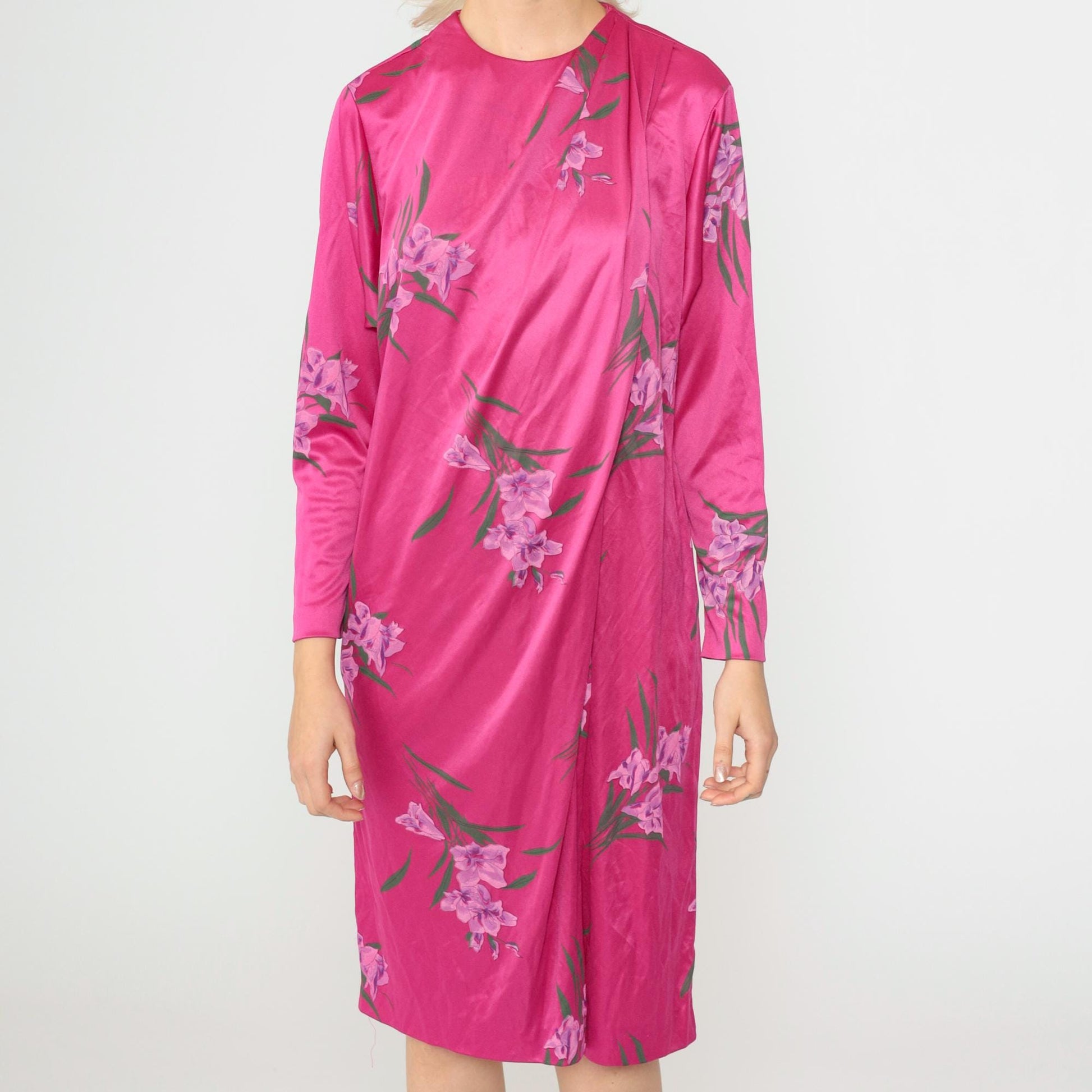 70s Floral Shift Dress Bright Pink Tropical Print Long Sleeve Midi Medium