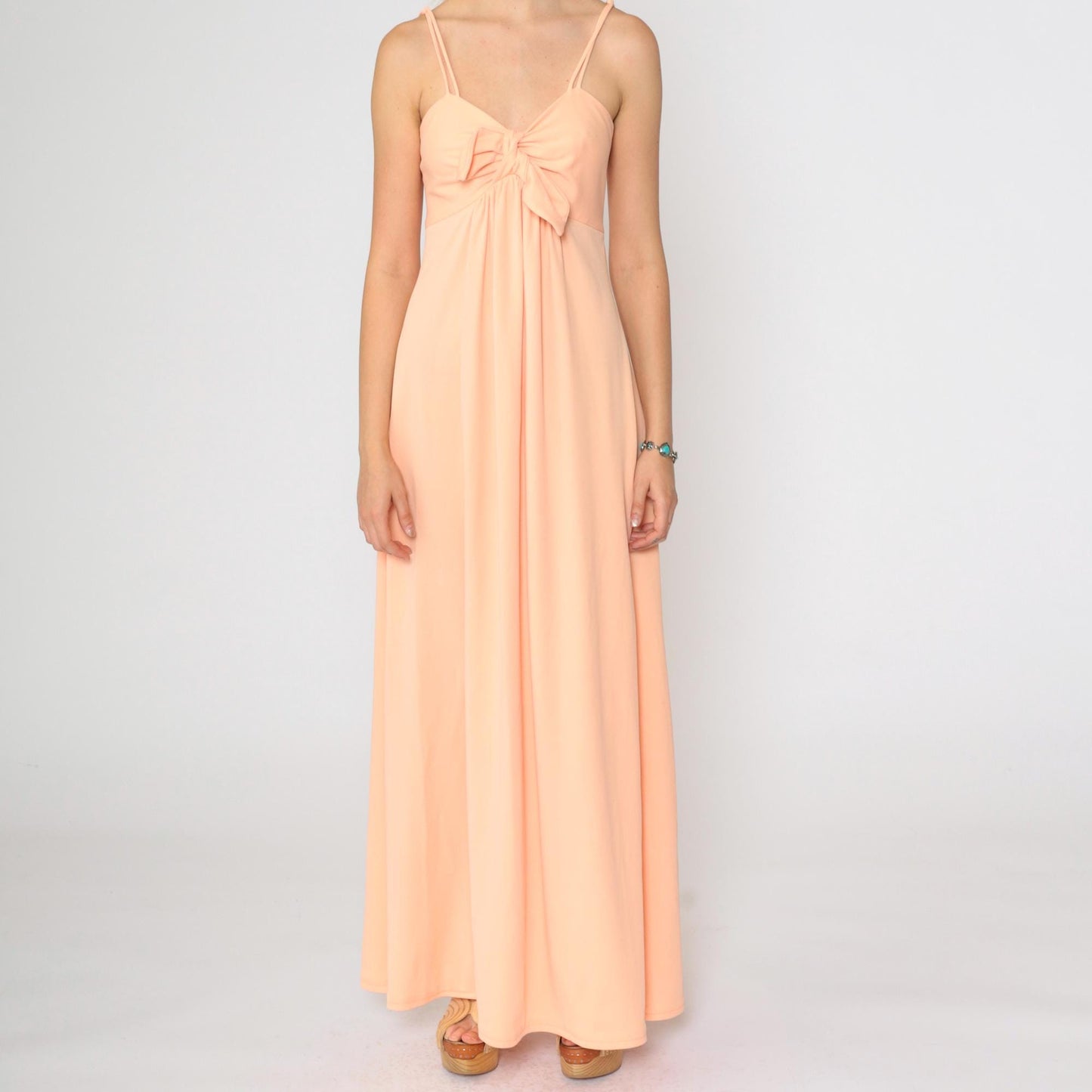 1970s Peach Grecian Maxi Dress Empire Waist Chest Tie Spaghetti Strap Small