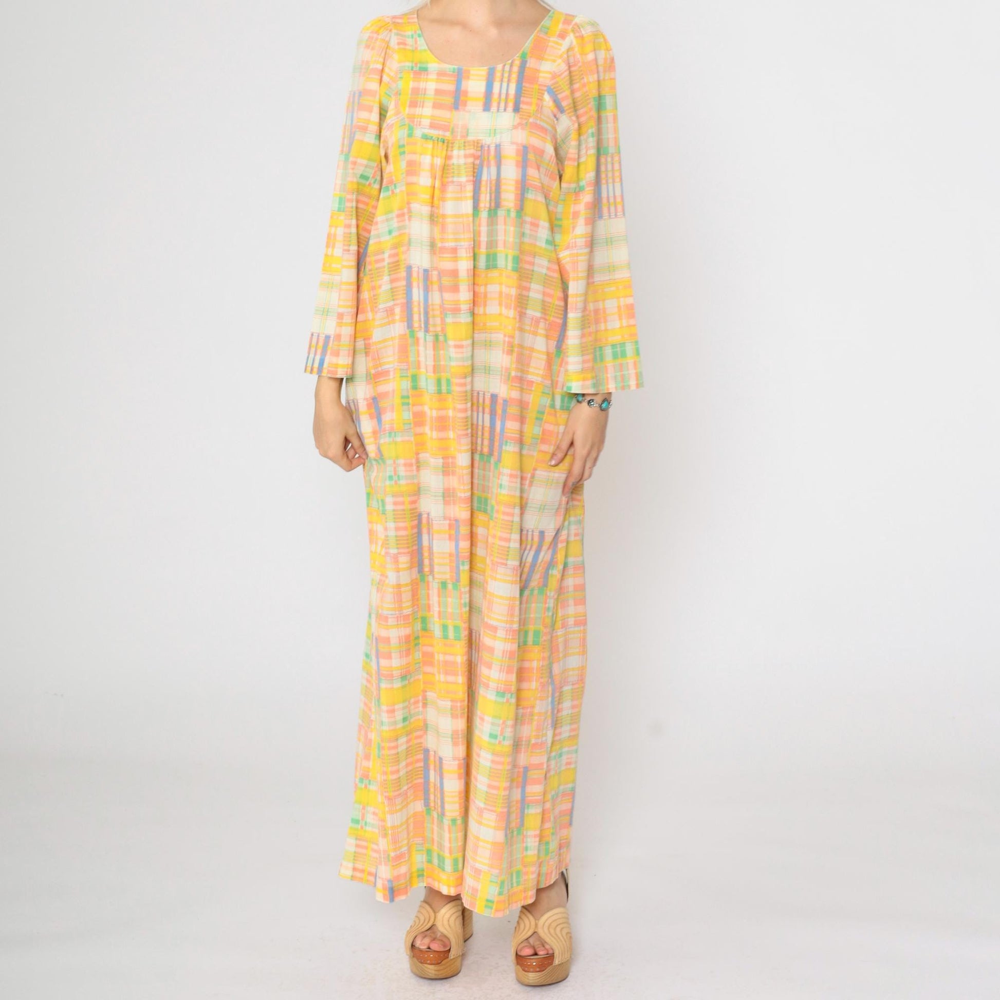 70s Patchwork Plaid Caftan Maxi Dress Wide Sleeve Yellow Peach Small