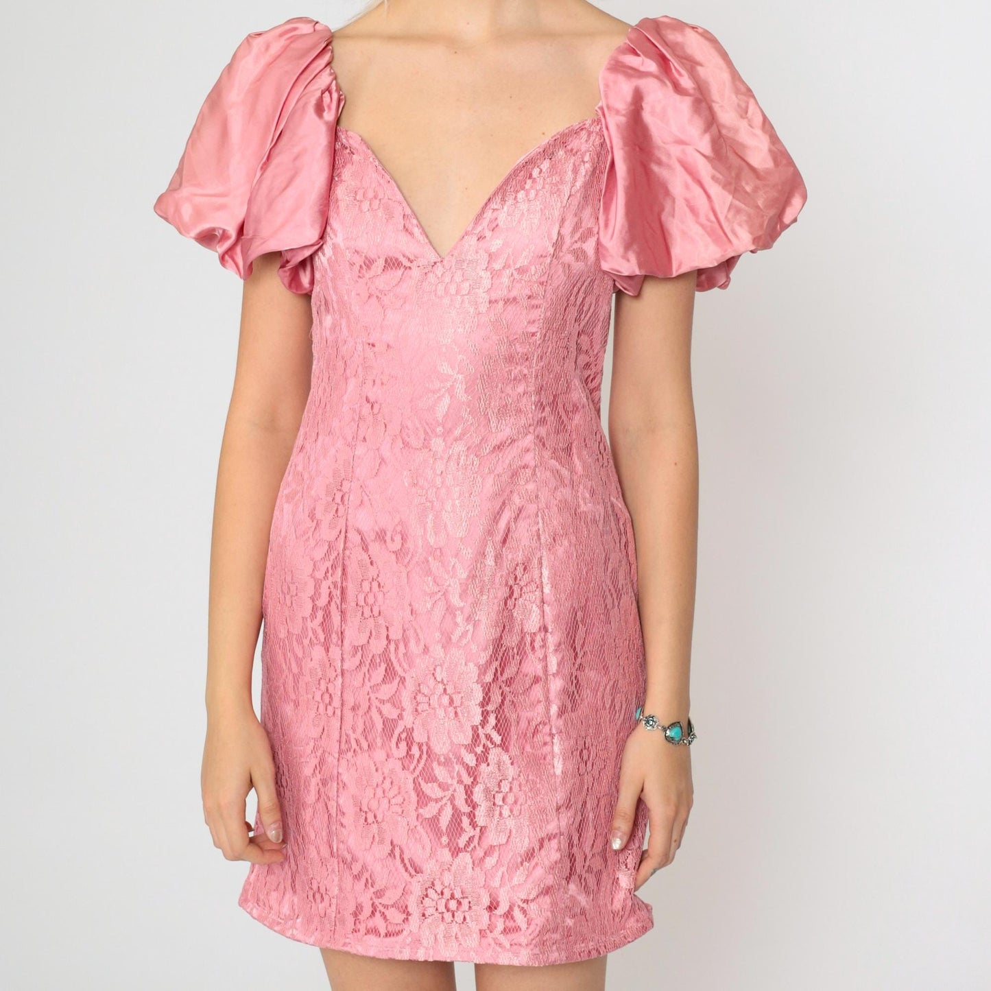 80s Pink Lace Mini Dress Puff Sleeve Plunge V-Neck Sheath Small