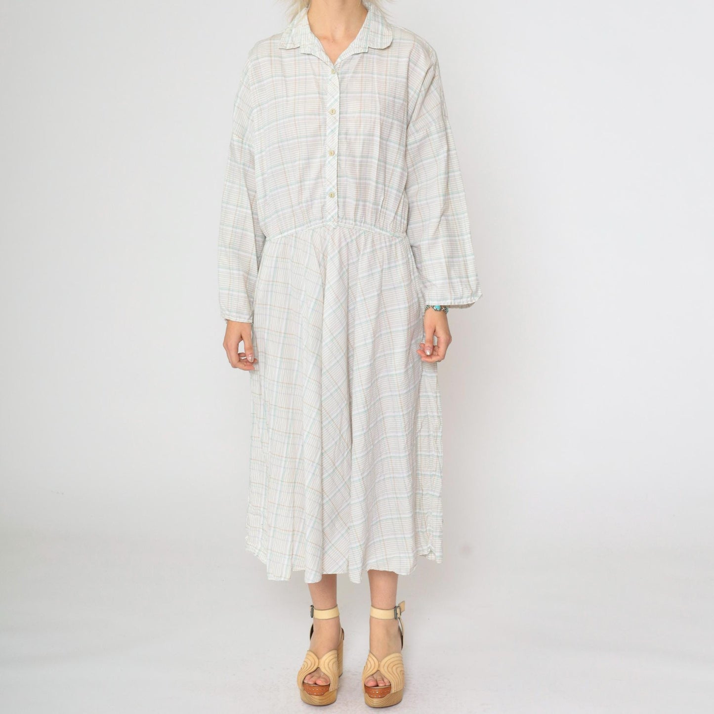80s American Shirt Dress Plaid Midi Button-Up White Tan Aqua Cotton Medium Large