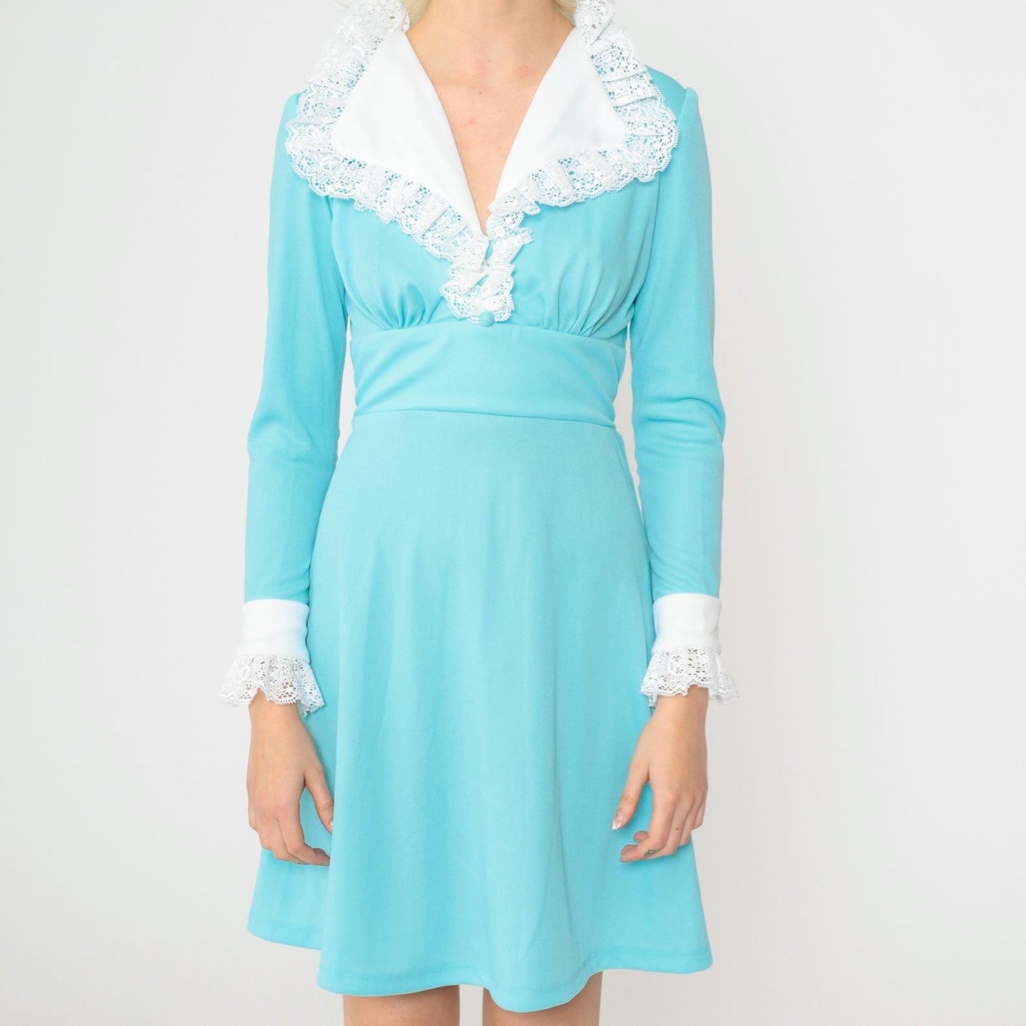 70s Blue Babydoll Dress White Collar Lace Trim Empire Waist Mini Small