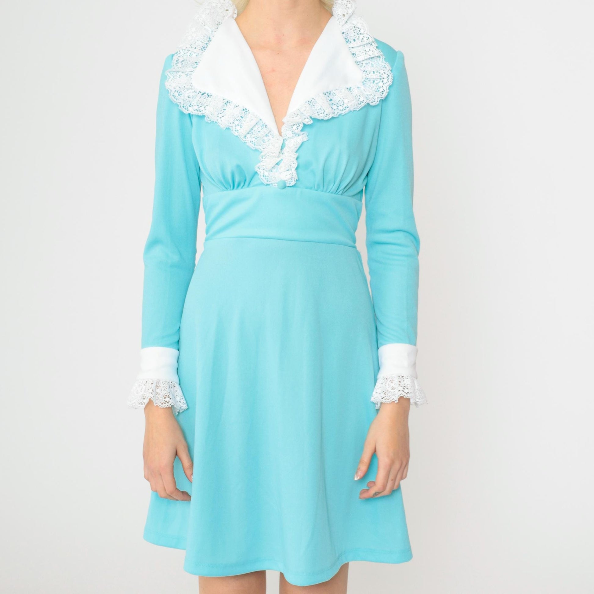 70s Blue Babydoll Dress White Collar Lace Trim Empire Waist Mini Small