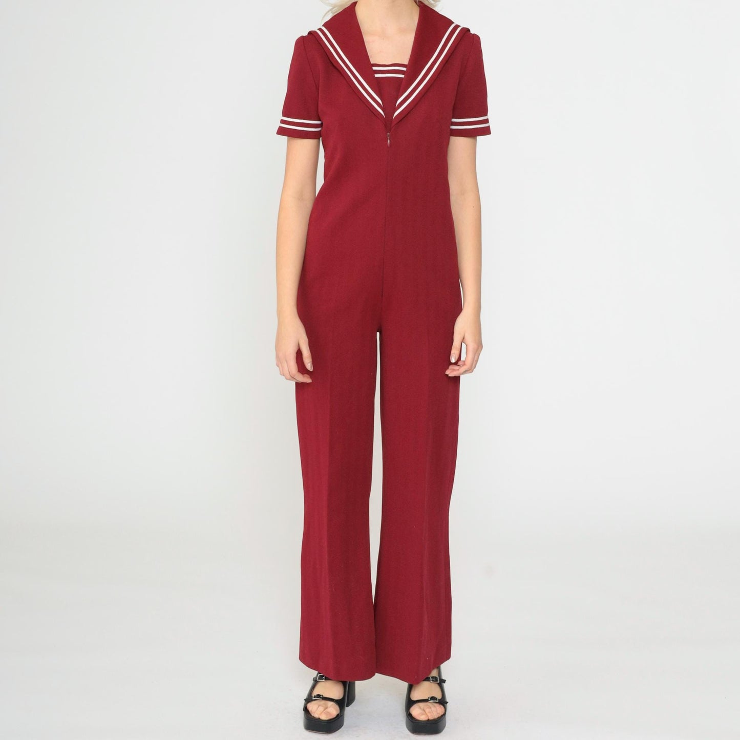 70s Sailor Collar Jumpsuit Burgundy Bell Bottom Zip Front Small